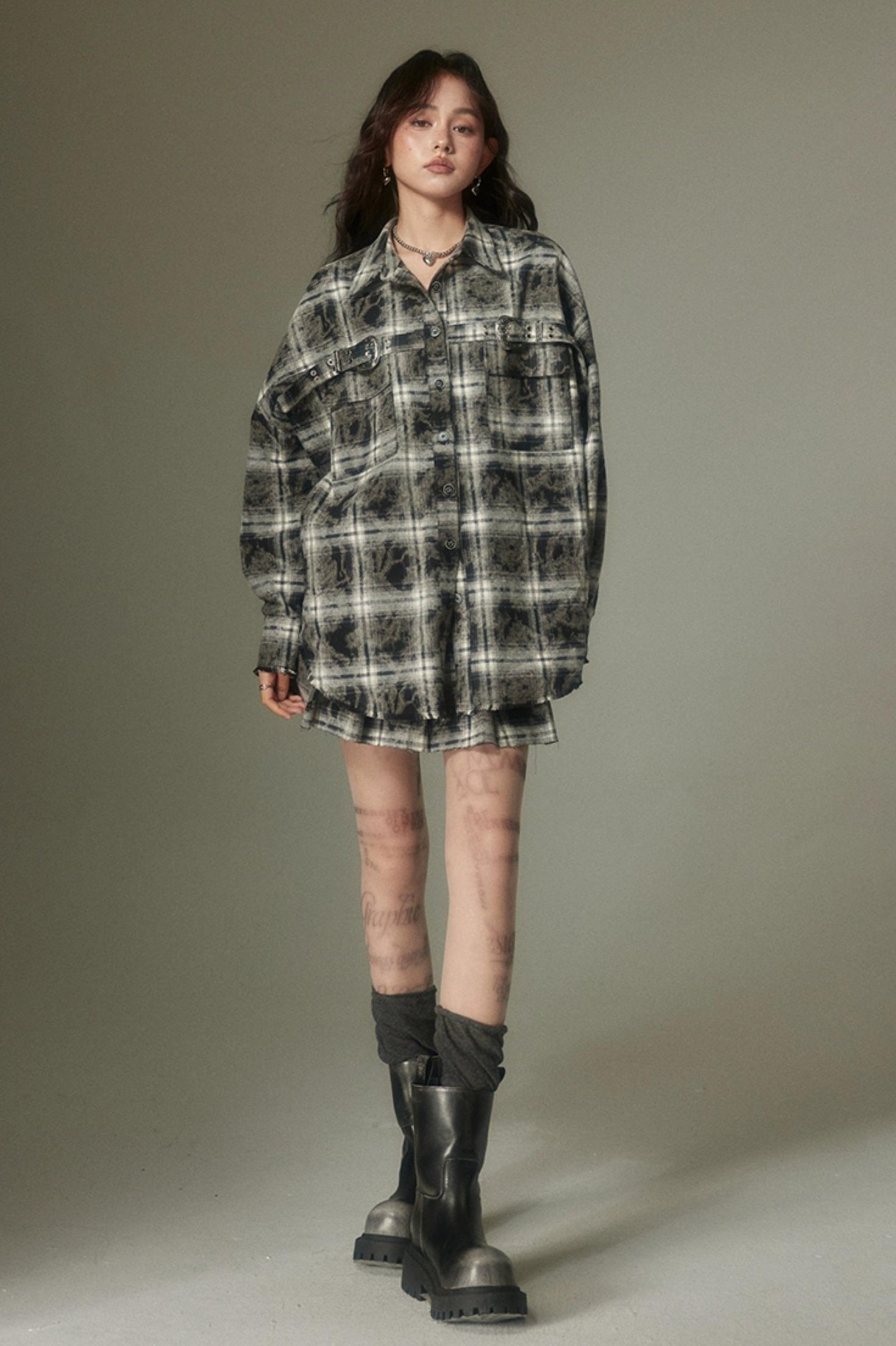DIDDI MODA Vintage Plaid Shirt Pleated Skirt Set Retro Punk Style