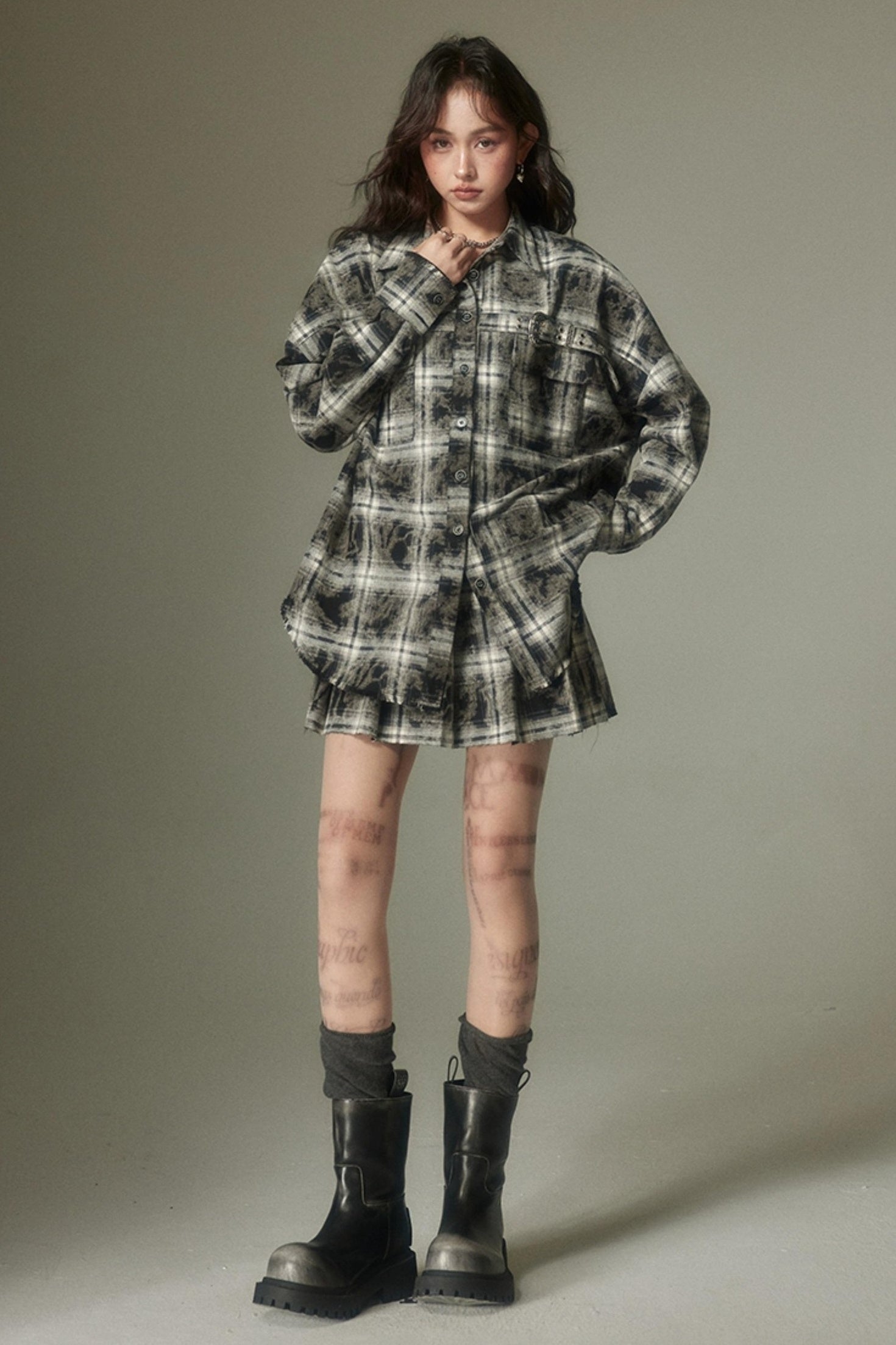 DIDDI MODA Vintage Plaid Shirt Pleated Skirt Set Retro Punk Style