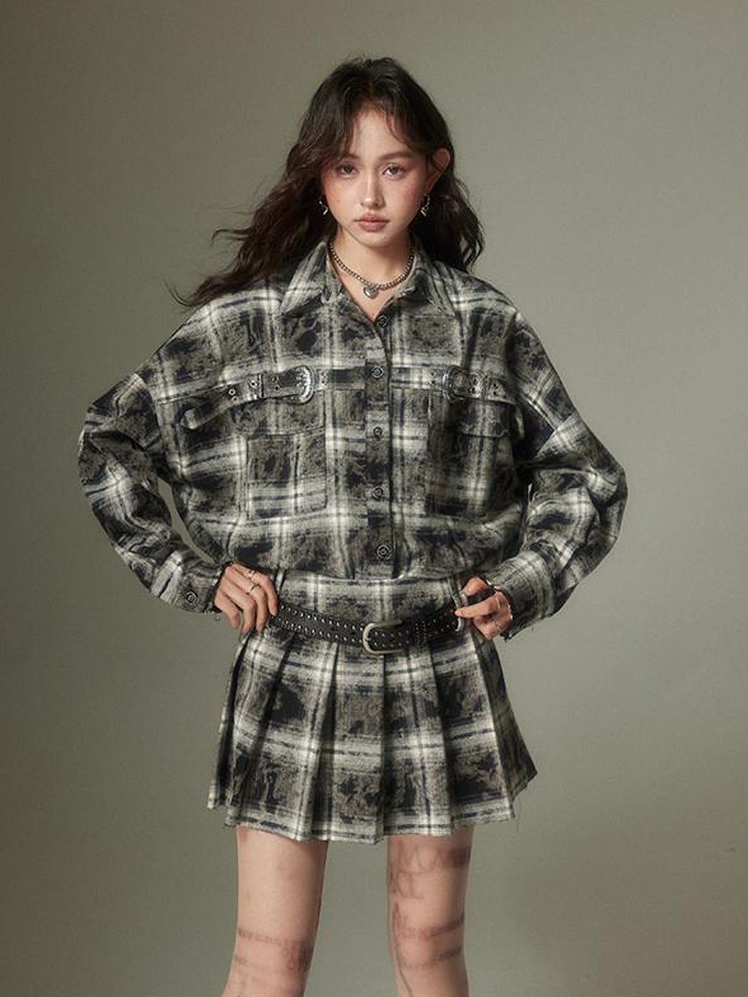 DIDDI MODA Vintage Plaid Shirt Pleated Skirt Set Retro Punk Style