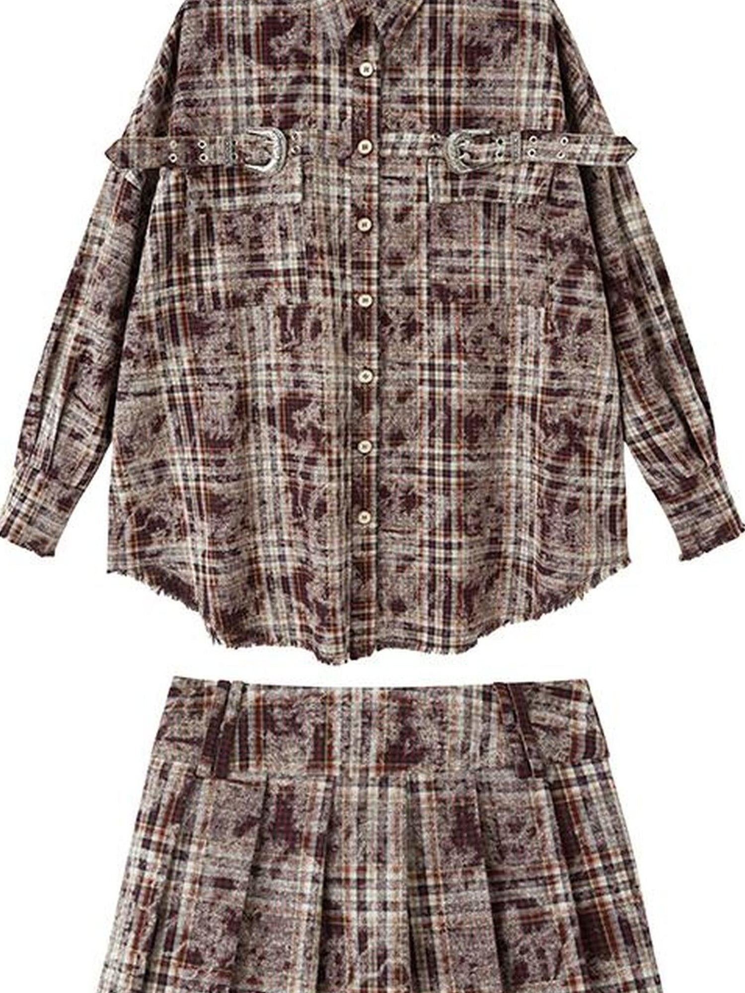DIDDI MODA Vintage Plaid Shirt Pleated Skirt Set Retro Punk Style