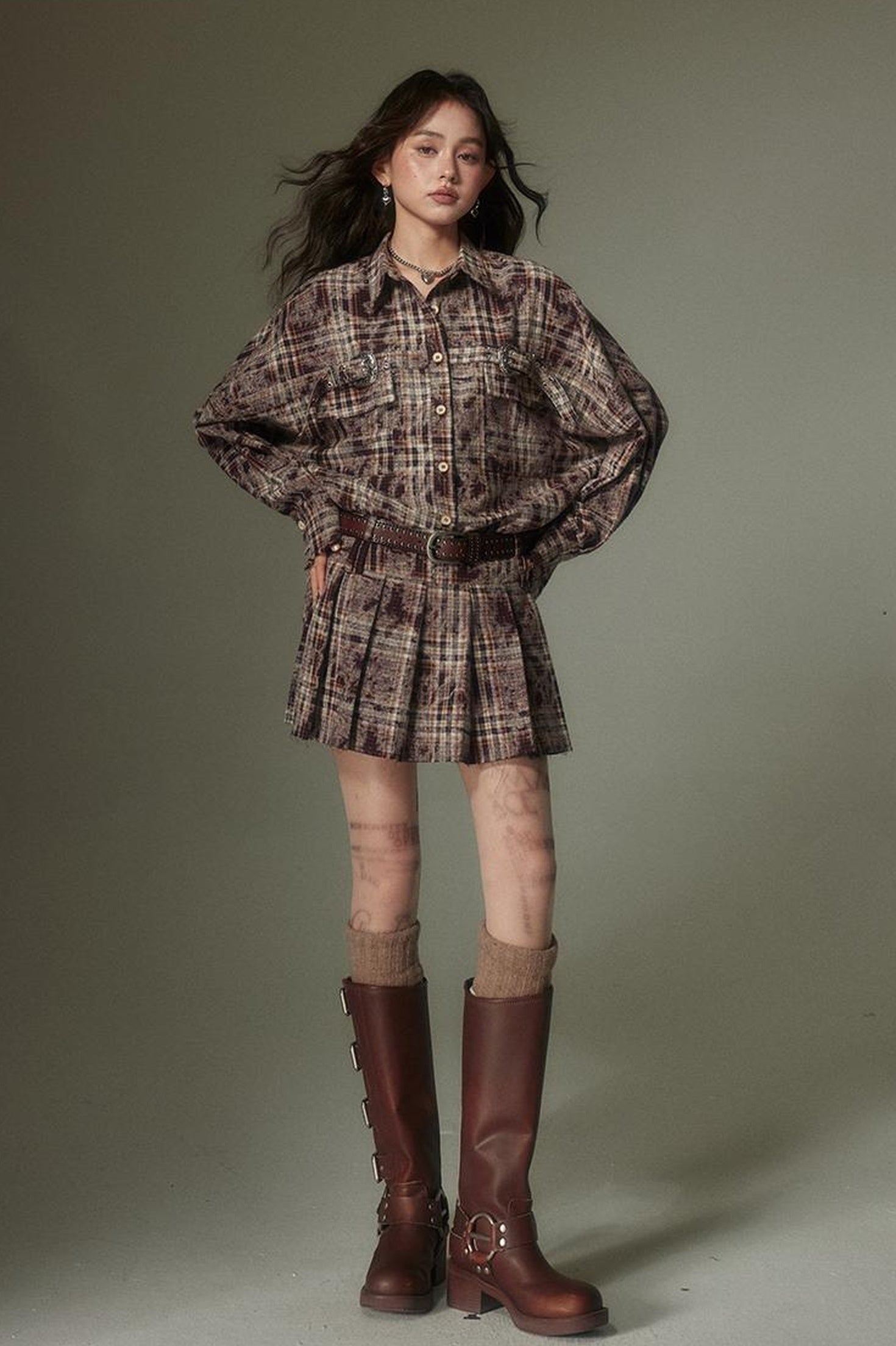 DIDDI MODA Vintage Plaid Shirt Pleated Skirt Set Retro Punk Style