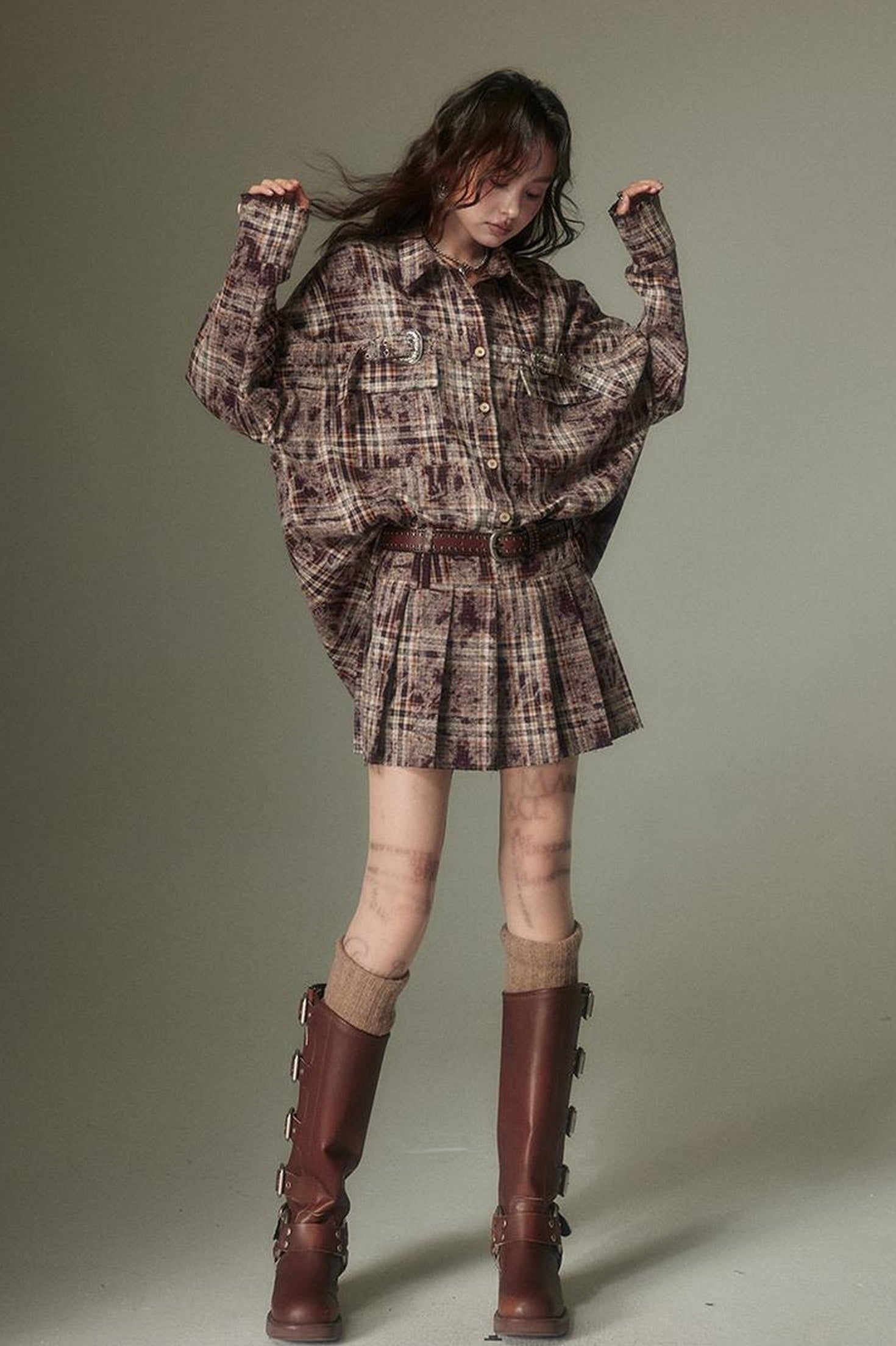 DIDDI MODA Vintage Plaid Shirt Pleated Skirt Set Retro Punk Style