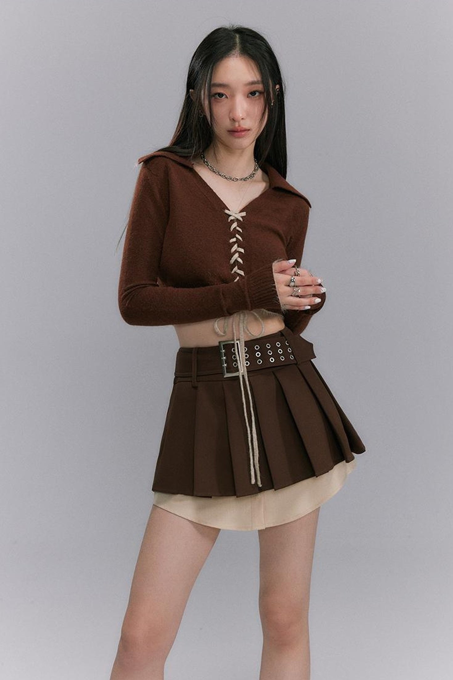 DIDDI MODA Vintage Pleated A Line Skirt With Shirt Hem