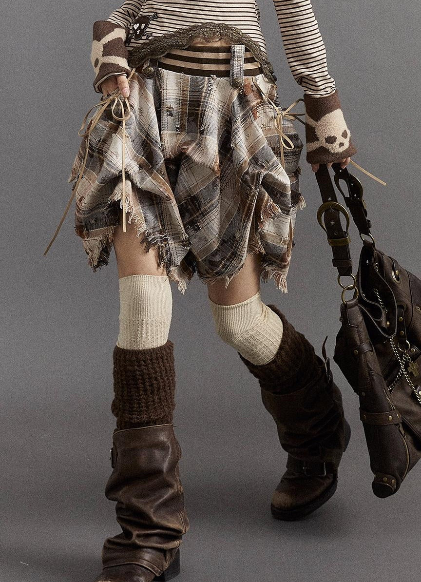 NO ROMANCE Vintage Punk Baroque A-Line Plaid Ruffled Skirt