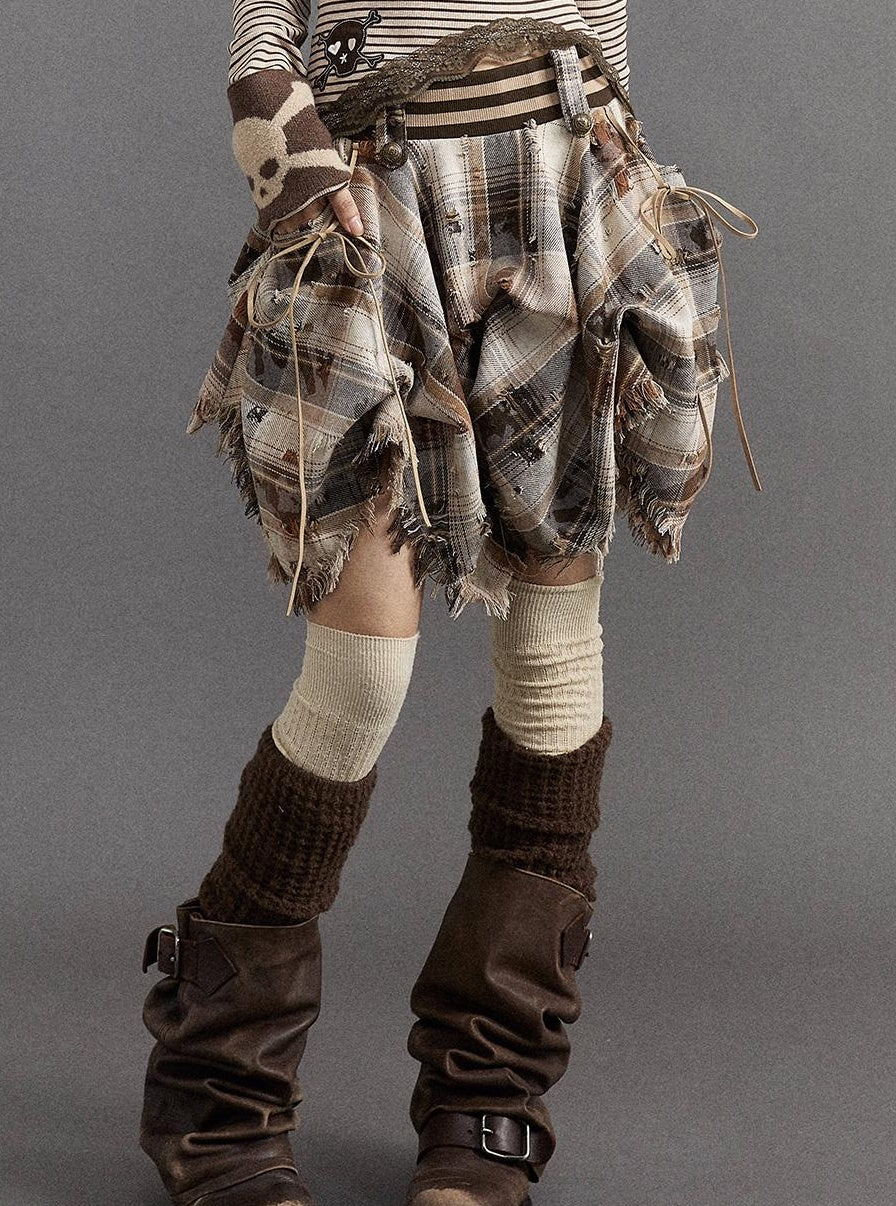 NO ROMANCE Vintage Punk Baroque A-Line Plaid Ruffled Skirt