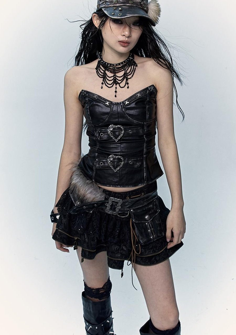 Vintage Punk Bustier Corset Top Leather Bralette
