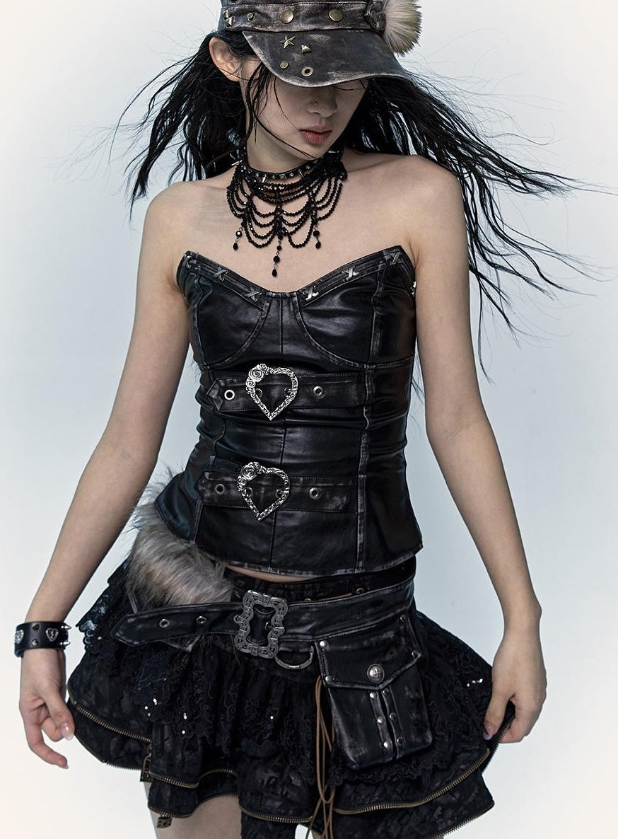 Vintage Punk Bustier Corset Top Leather Bralette