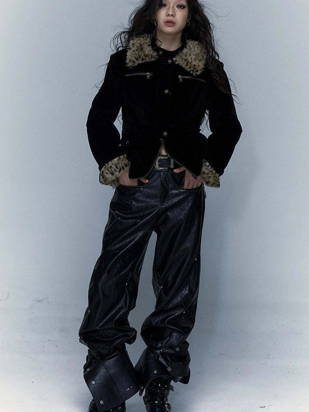 Vintage Punk Detachable Short Jacket With Leopard Fur Coat