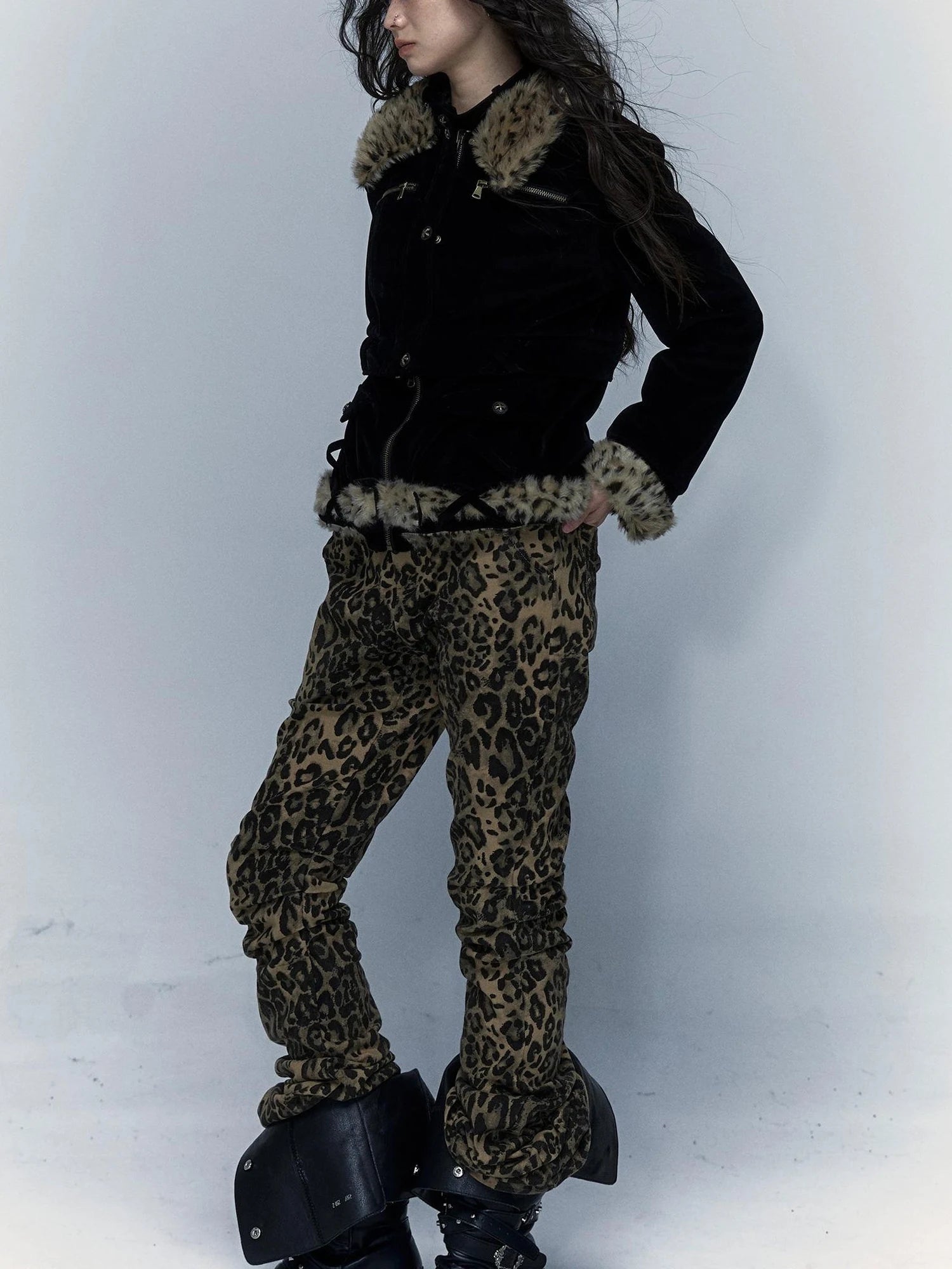 Vintage Punk Detachable Short Jacket With Leopard Fur Coat