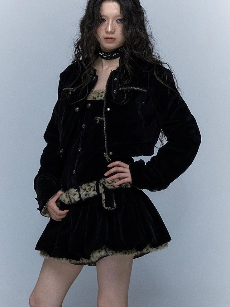 Vintage Punk Detachable Short Jacket With Leopard Fur Coat
