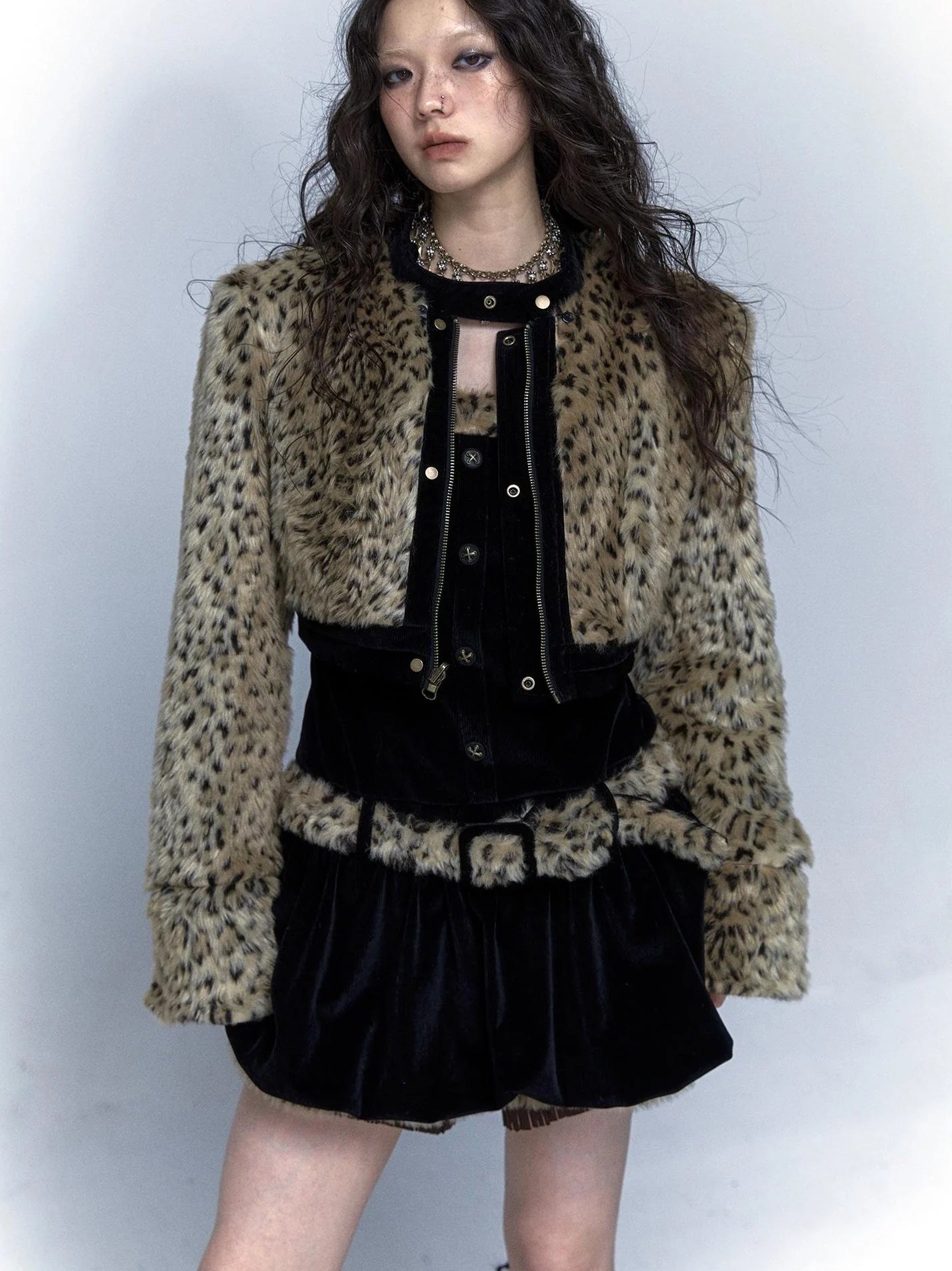 Vintage Punk Detachable Short Jacket With Leopard Fur Coat