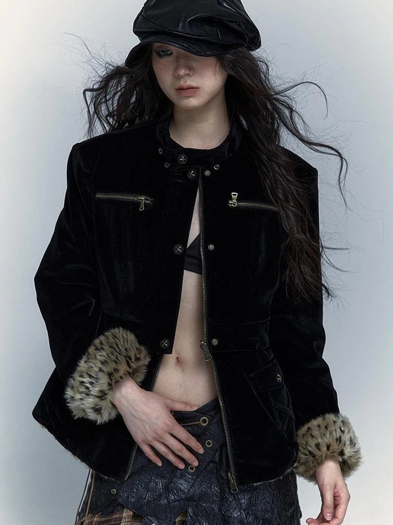 Vintage Punk Detachable Short Jacket With Leopard Fur Coat