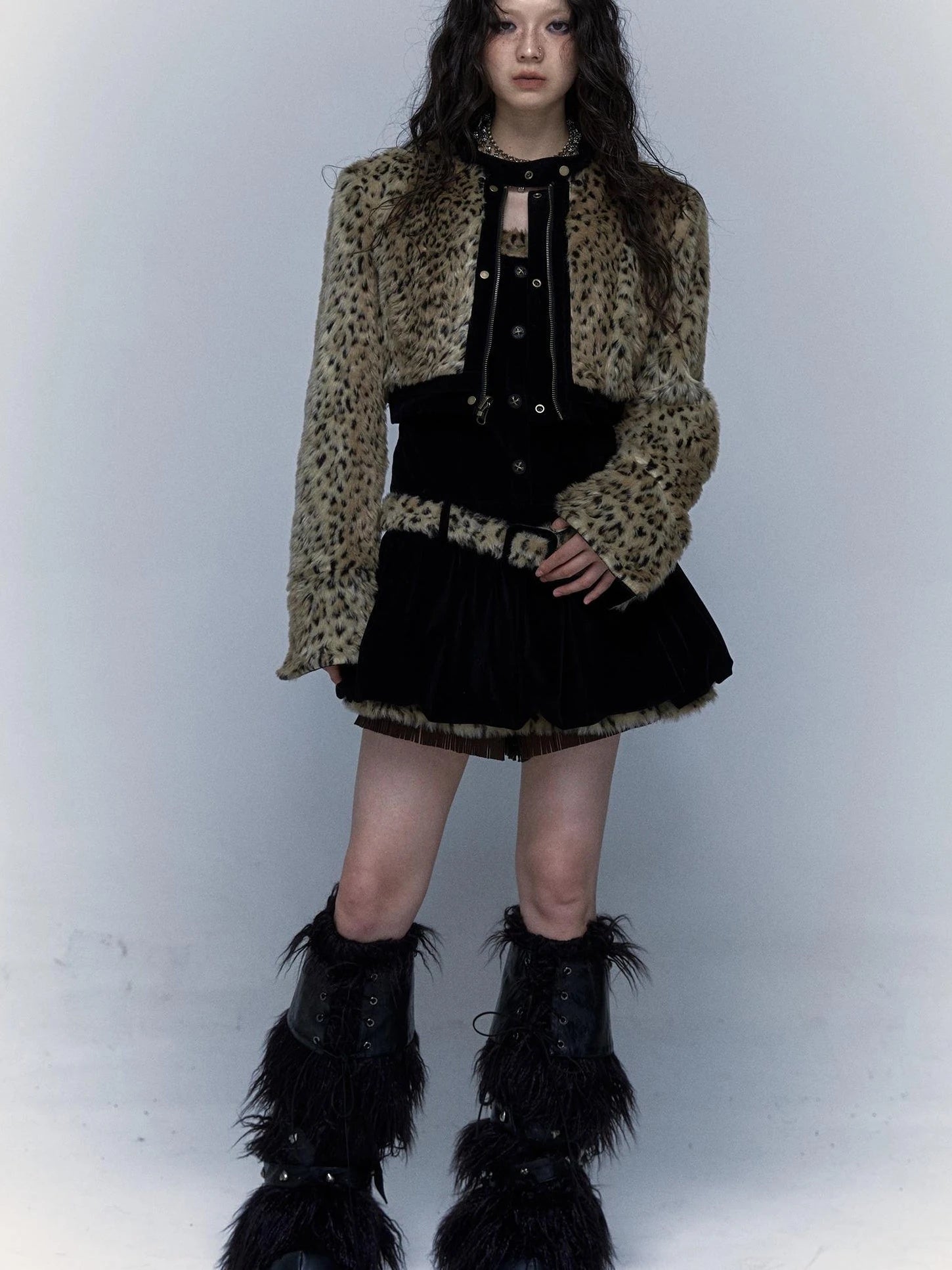 Vintage Punk Detachable Short Jacket With Leopard Fur Coat