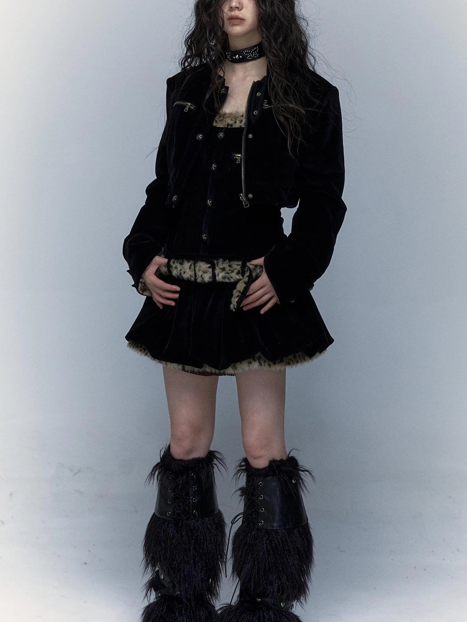 Vintage Punk Detachable Short Jacket With Leopard Fur Coat