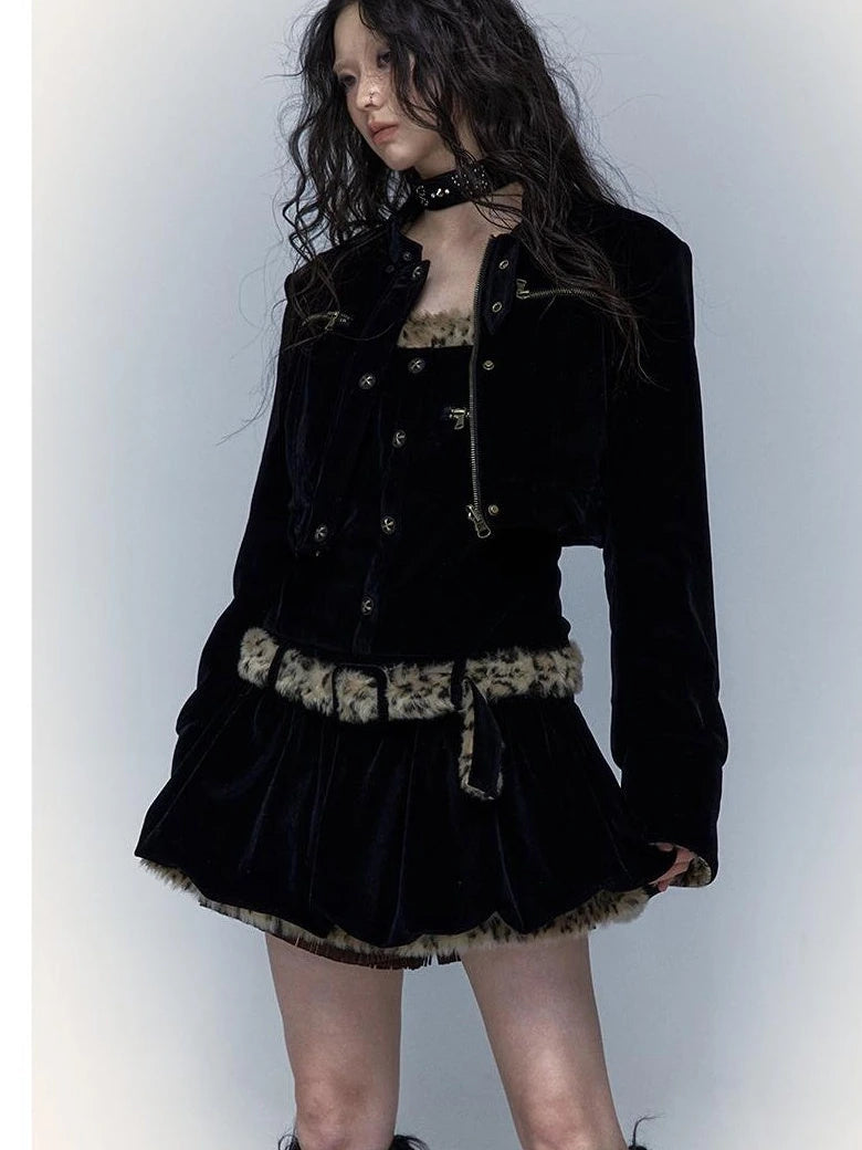 Vintage Punk Detachable Short Jacket With Leopard Fur Coat