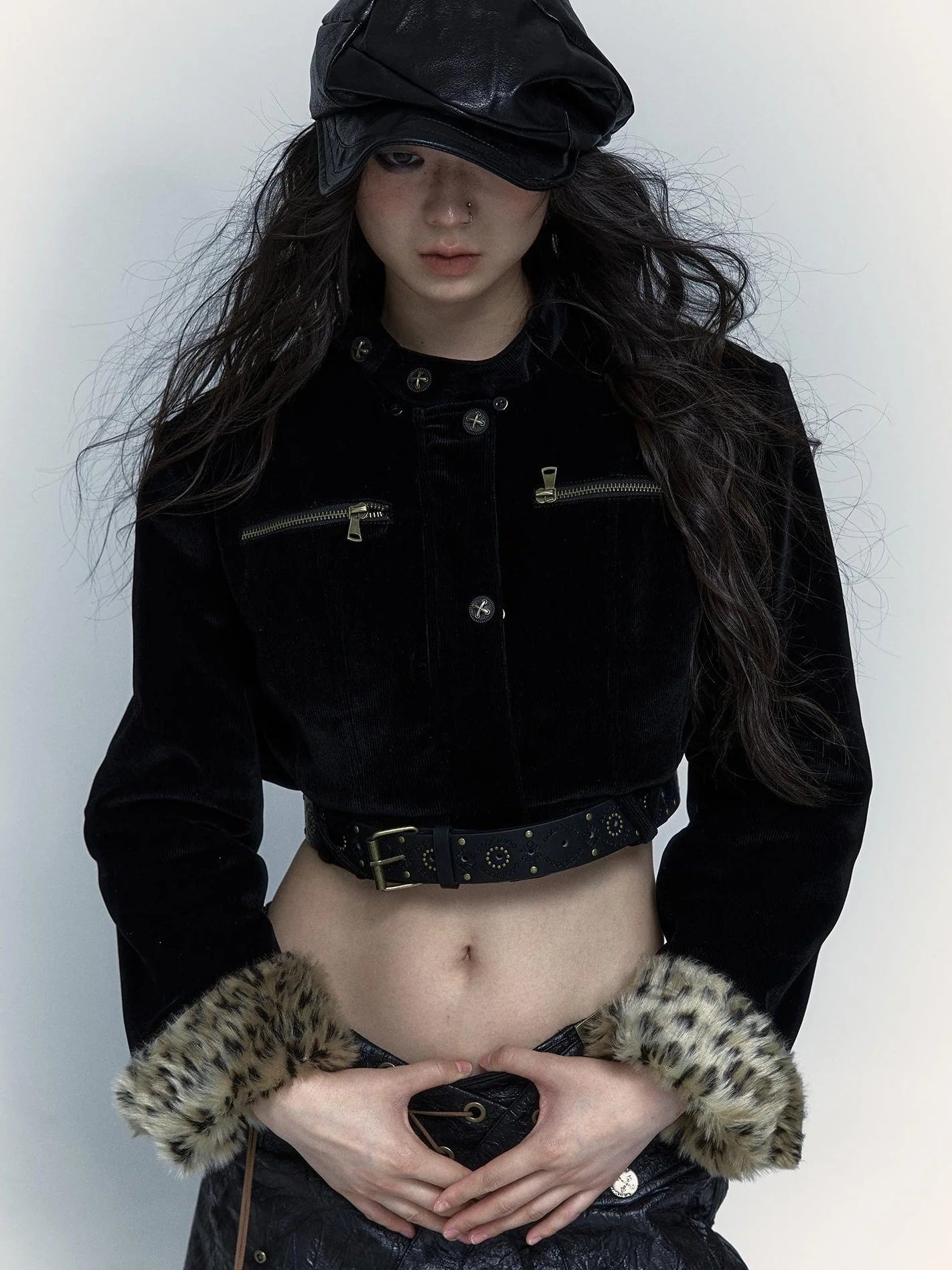 Vintage Punk Detachable Short Jacket With Leopard Fur Coat