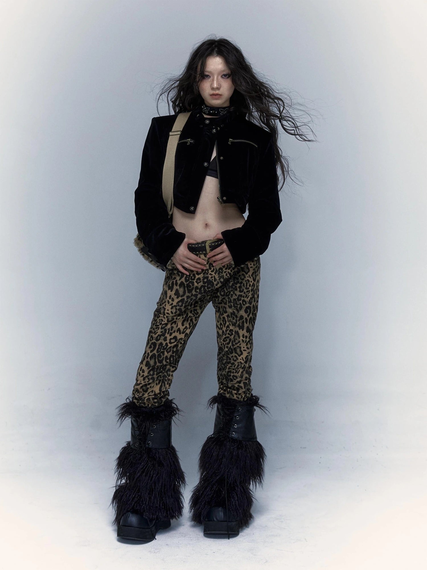 Vintage Punk Detachable Short Jacket With Leopard Fur Coat