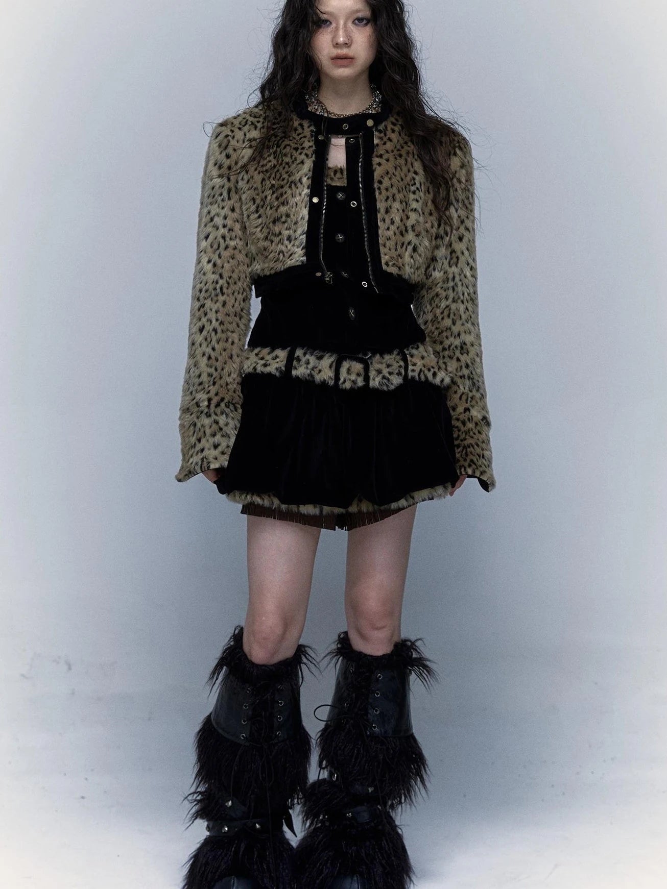 Vintage Punk Detachable Short Jacket With Leopard Fur Coat