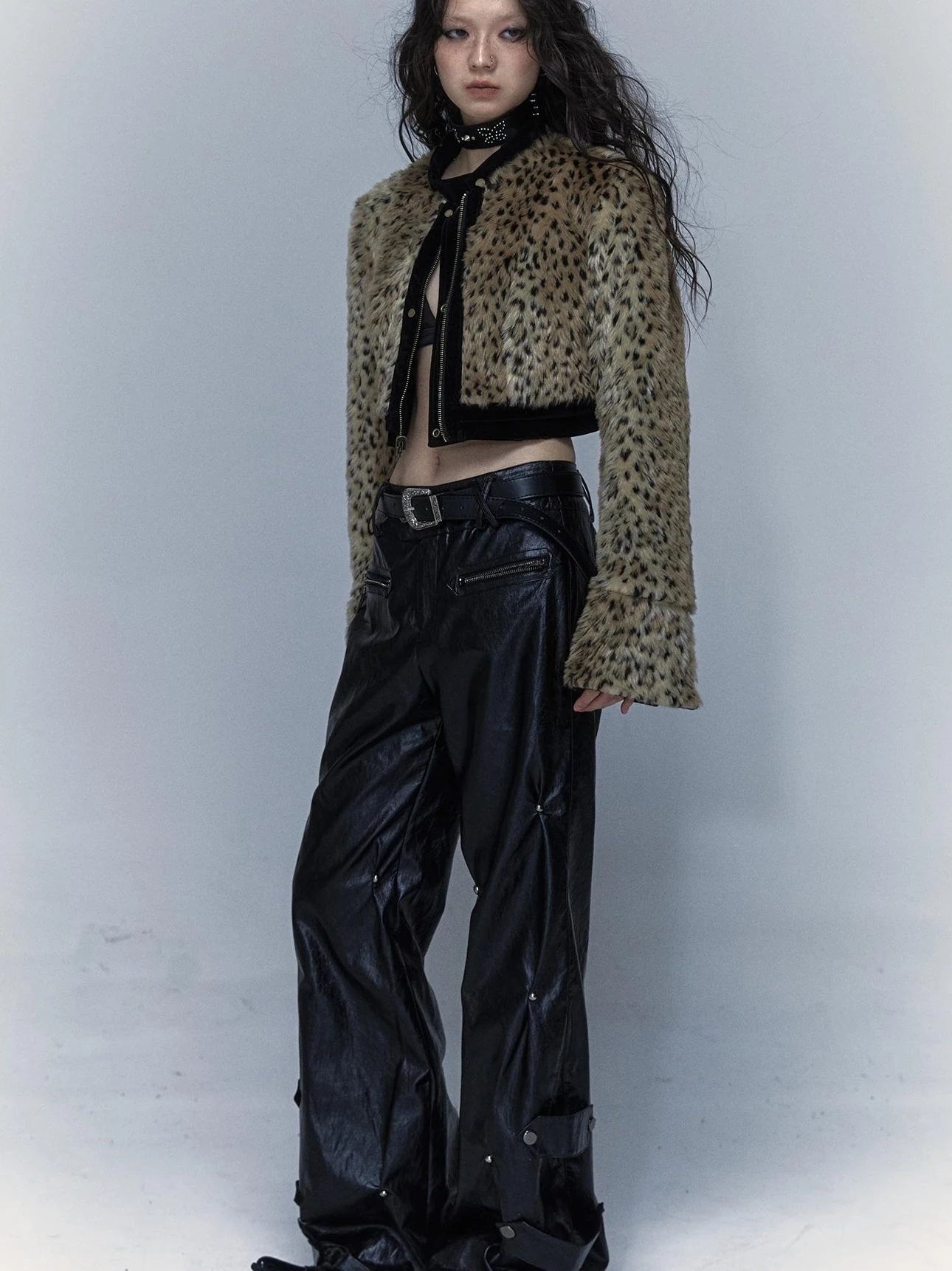 Vintage Punk Detachable Short Jacket With Leopard Fur Coat