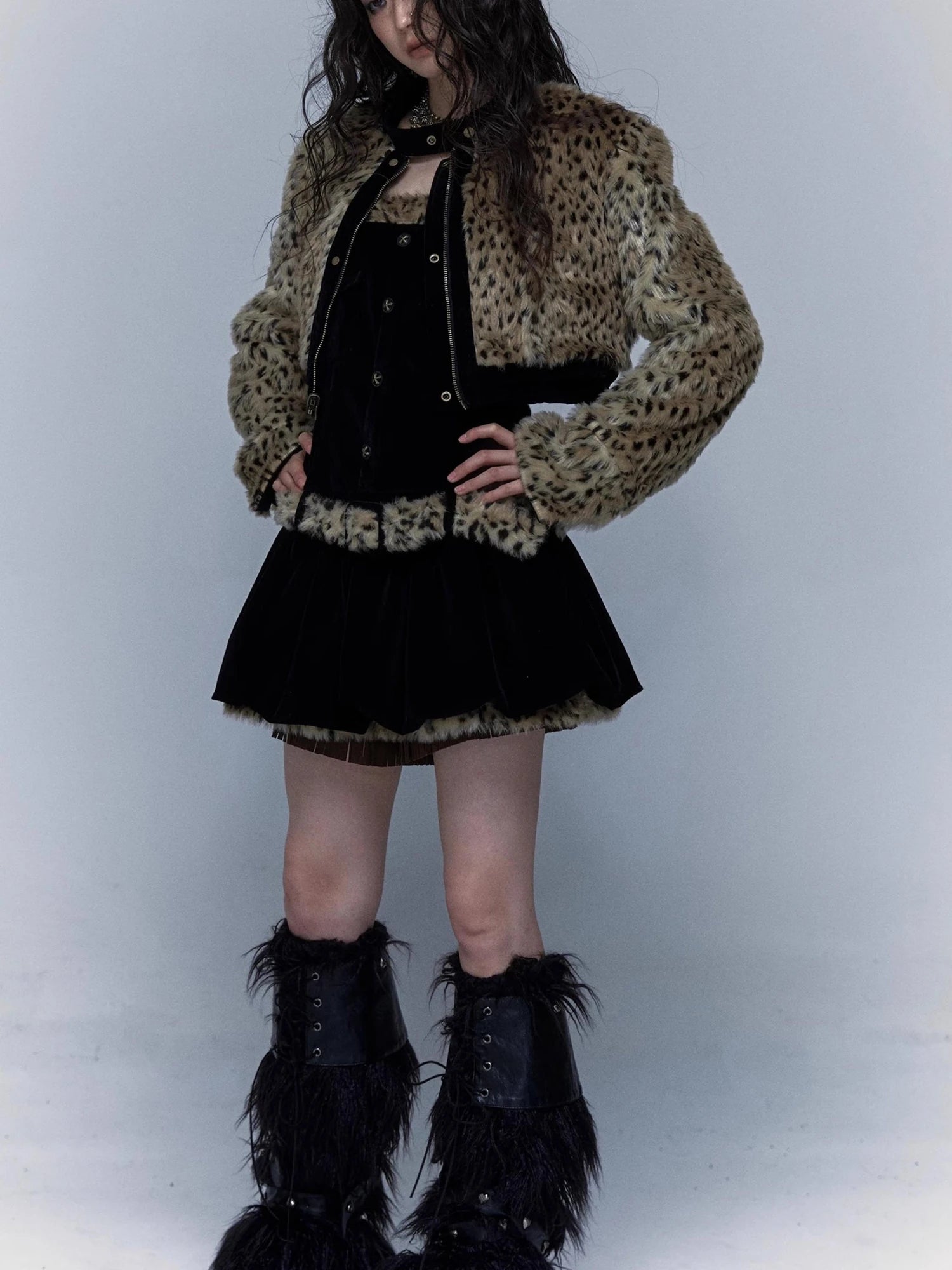 Vintage Punk Detachable Short Jacket With Leopard Fur Coat