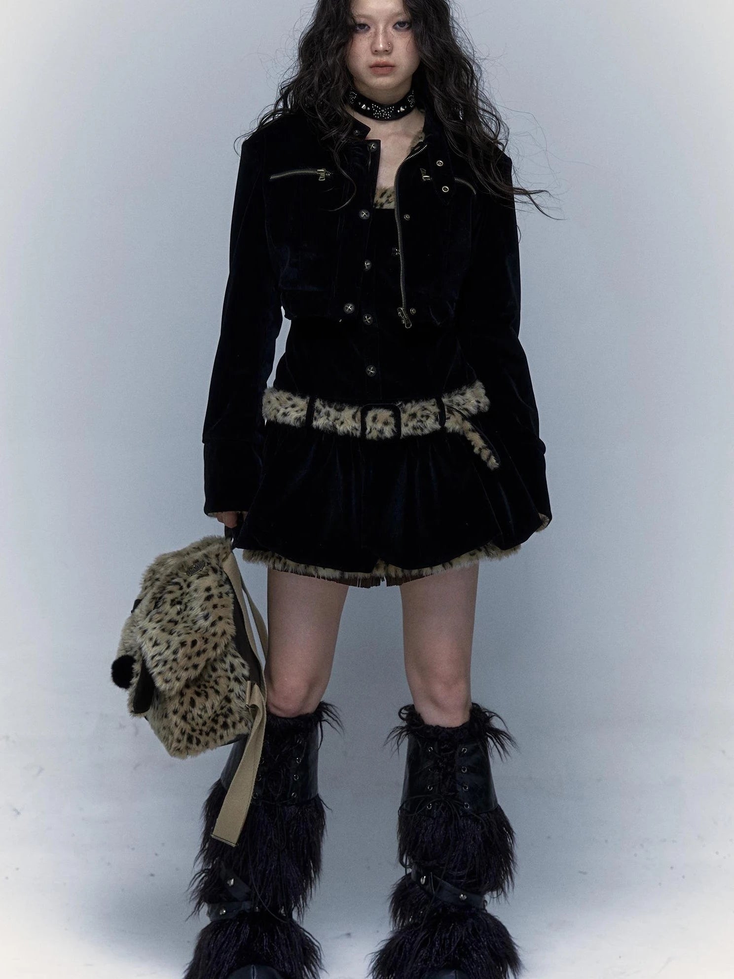 Vintage Punk Detachable Short Jacket With Leopard Fur Coat