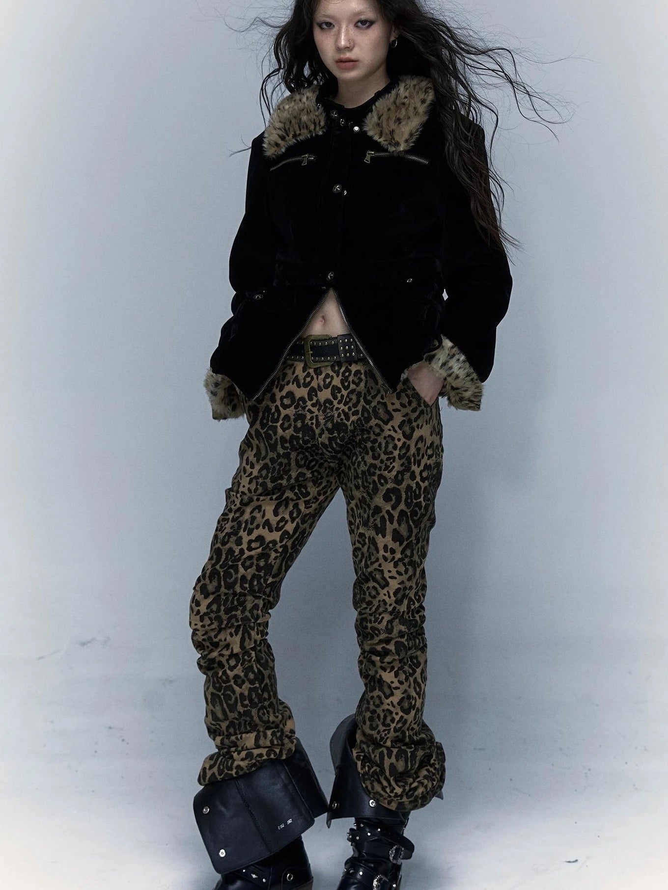Vintage Punk Detachable Short Jacket With Leopard Fur Coat