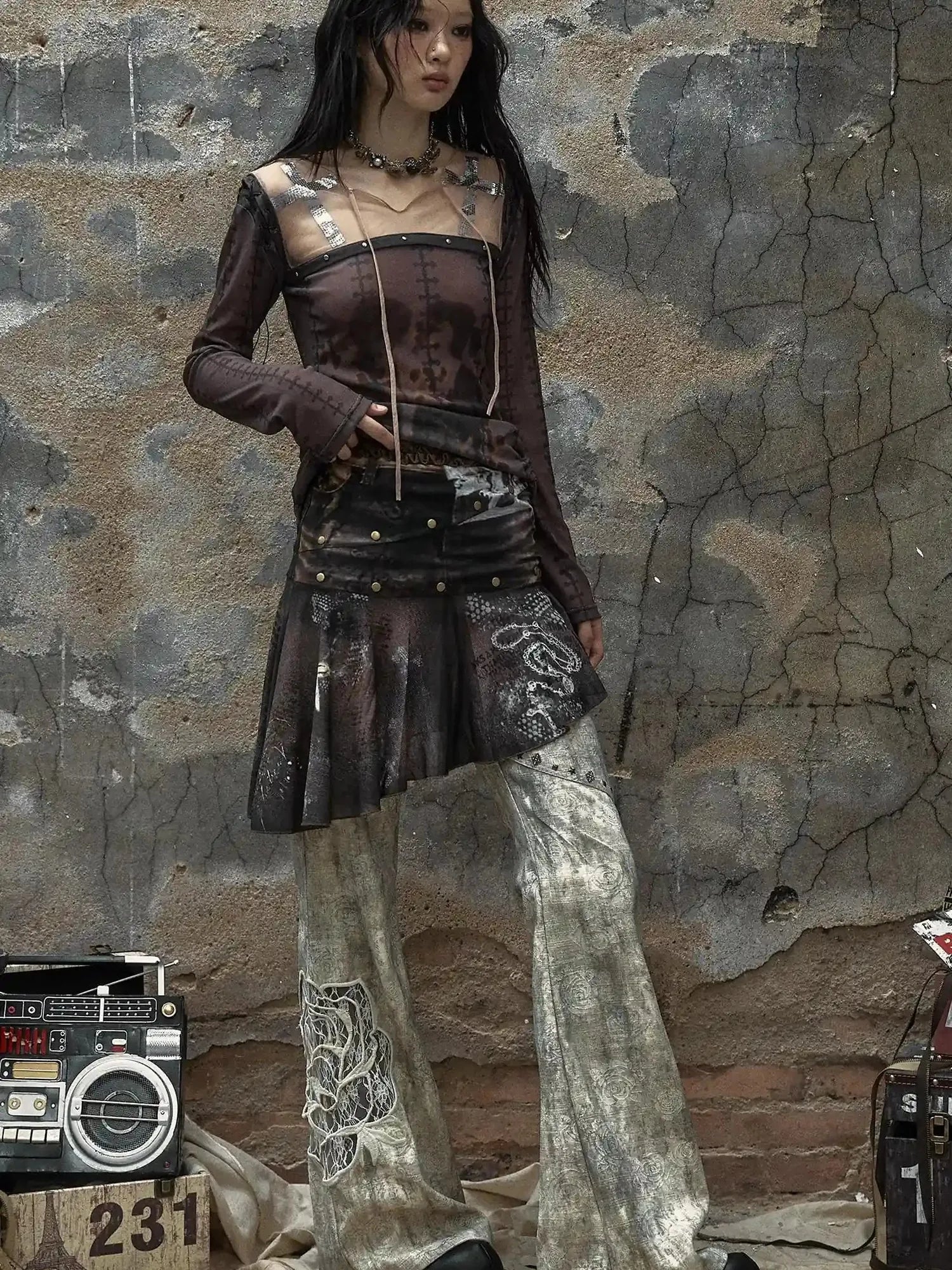 Vintage Punk Distressed Embroidered Rose Flared Pants Low-Rise Jeans