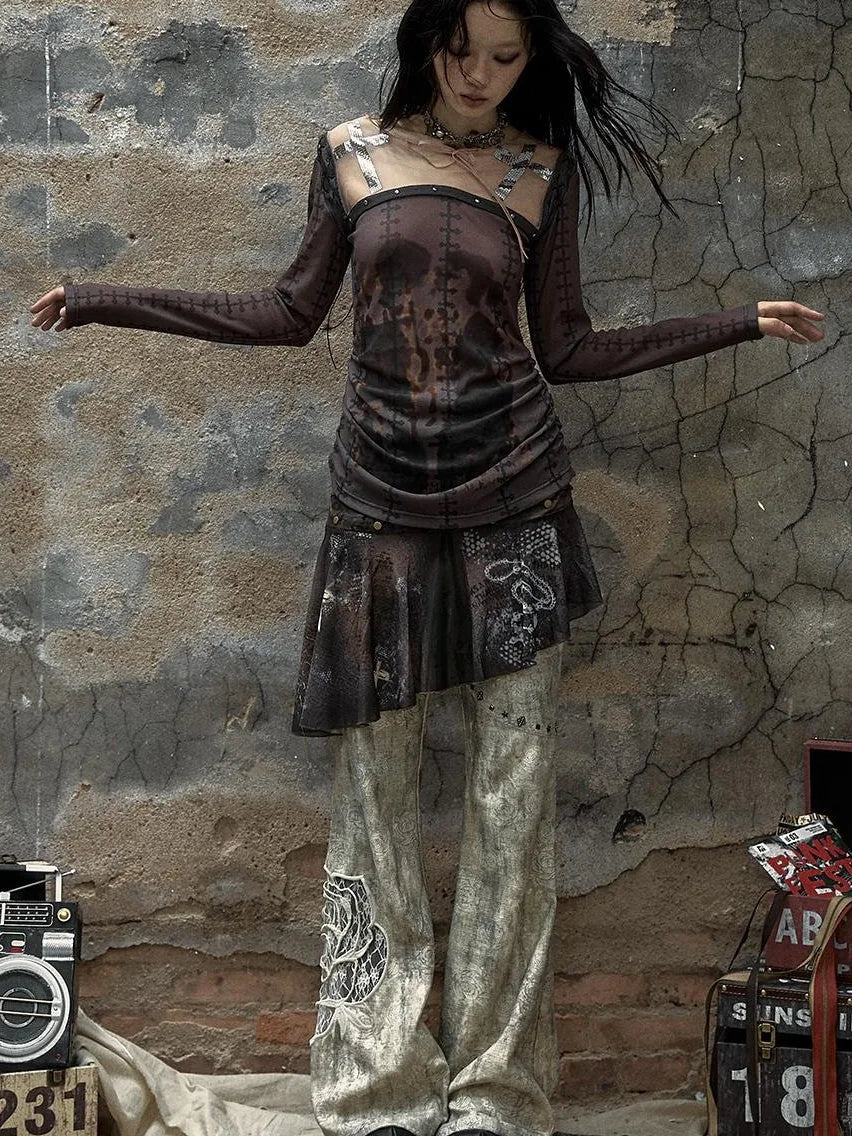 Vintage Punk Distressed Embroidered Rose Flared Pants Low-Rise Jeans