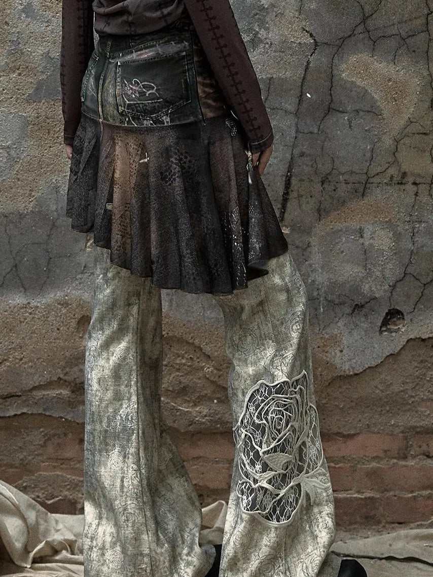 Vintage Punk Distressed Embroidered Rose Flared Pants Low-Rise Jeans