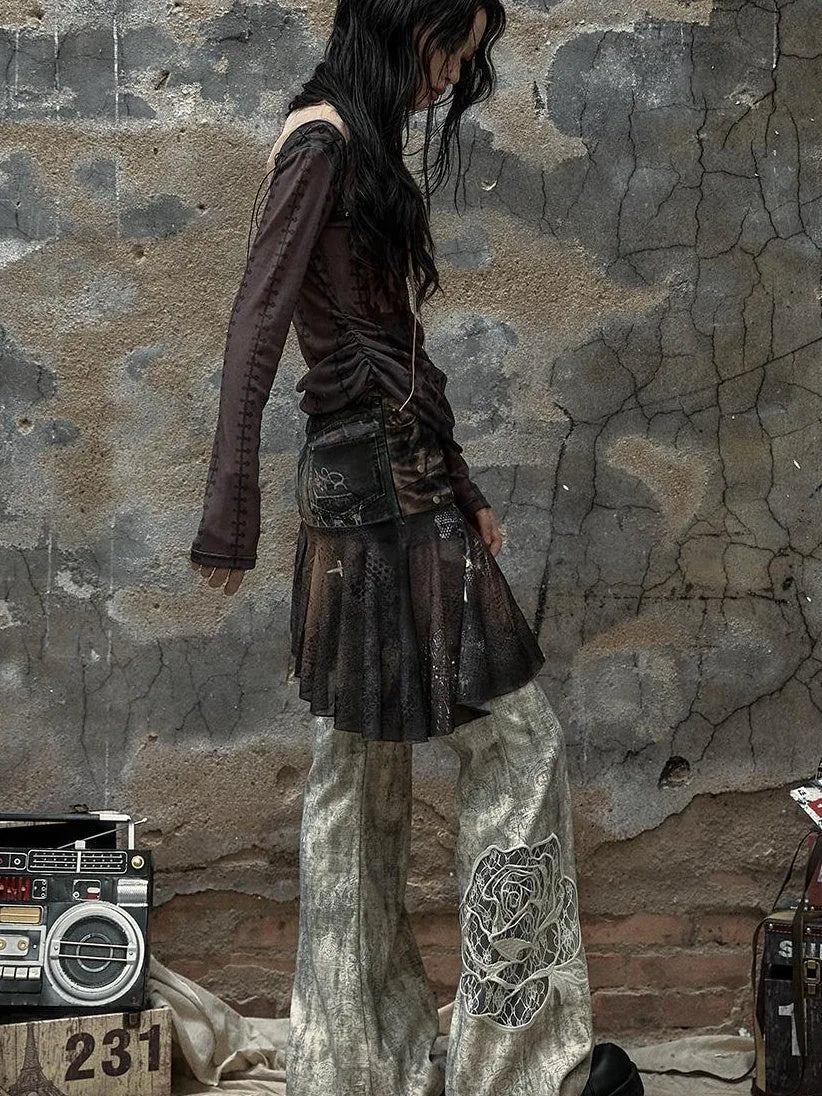 Vintage Punk Distressed Embroidered Rose Flared Pants Low-Rise Jeans