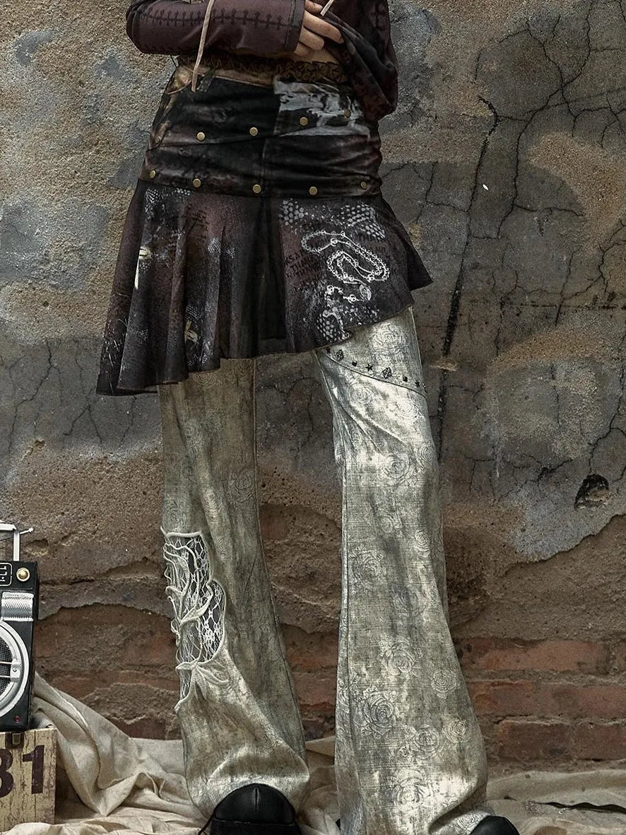 Vintage Punk Distressed Embroidered Rose Flared Pants Low-Rise Jeans