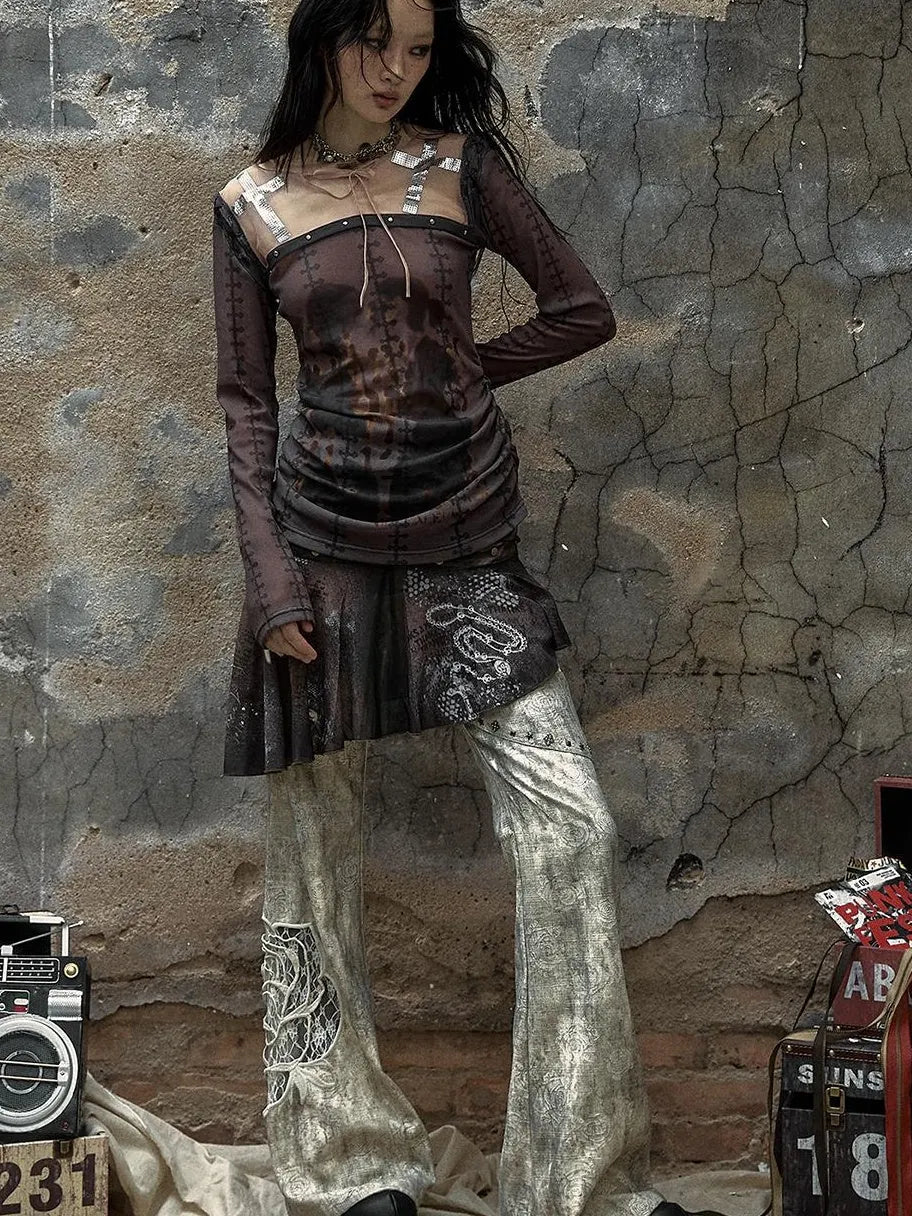 Vintage Punk Distressed Embroidered Rose Flared Pants Low-Rise Jeans