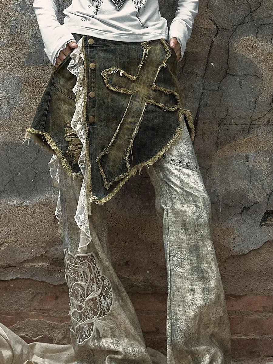 Vintage Punk Distressed Embroidered Rose Flared Pants Low-Rise Jeans