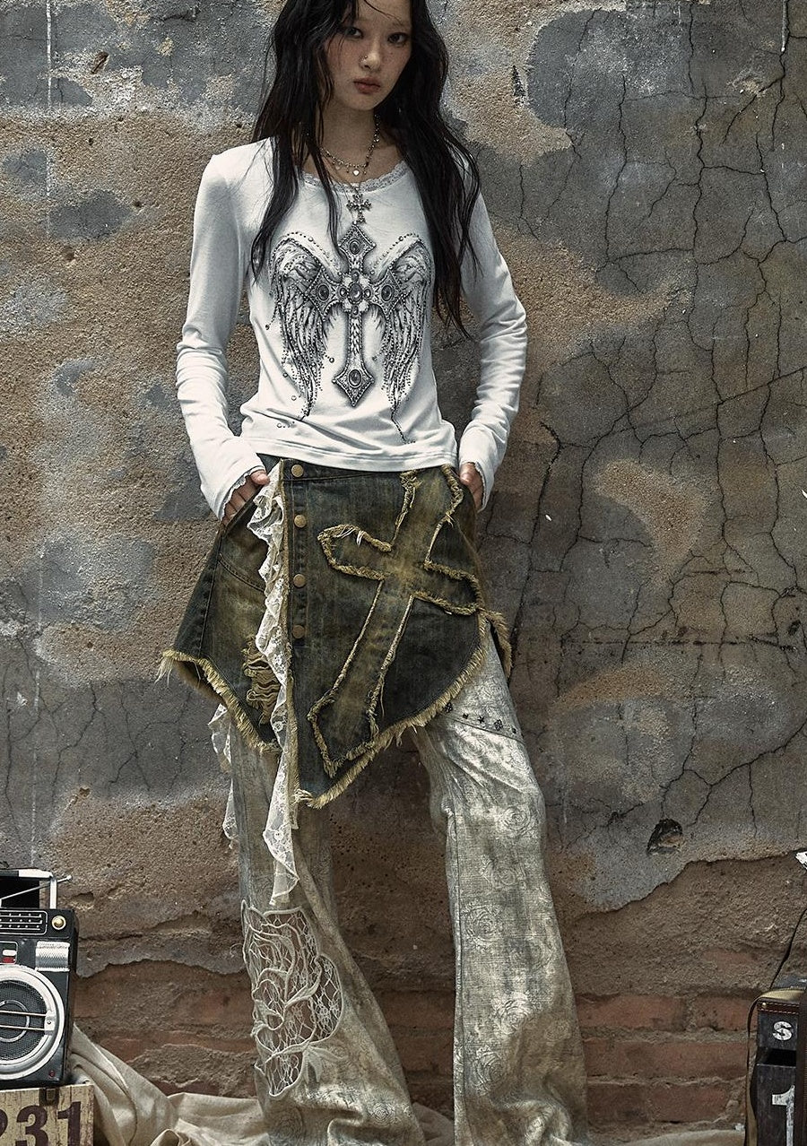 NO ROMANCE Vintage Punk Distressed Embroidered Rose Flared Pants Low-Rise Jeans