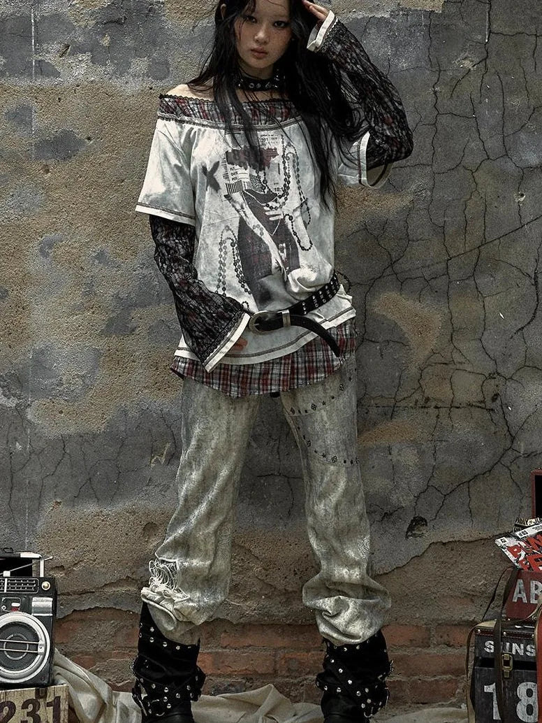 Vintage Punk Distressed Embroidered Rose Flared Pants Low-Rise Jeans