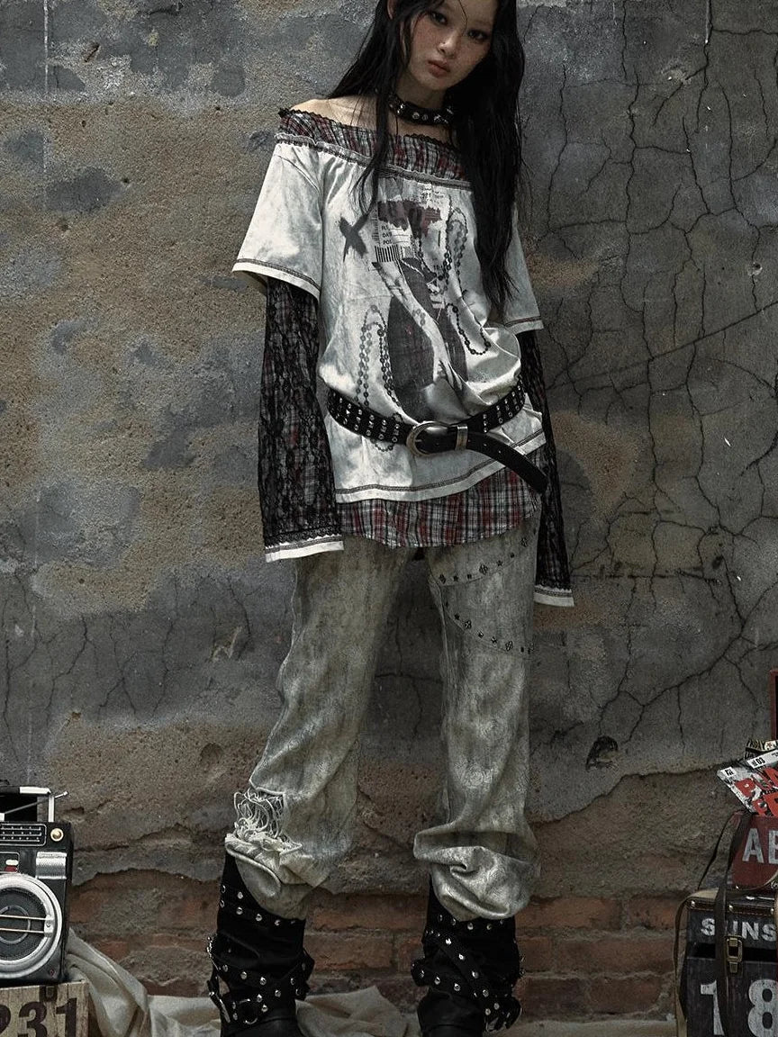 Vintage Punk Distressed Embroidered Rose Flared Pants Low-Rise Jeans