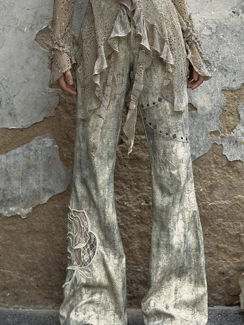 Vintage Punk Distressed Embroidered Rose Flared Pants Low-Rise Jeans