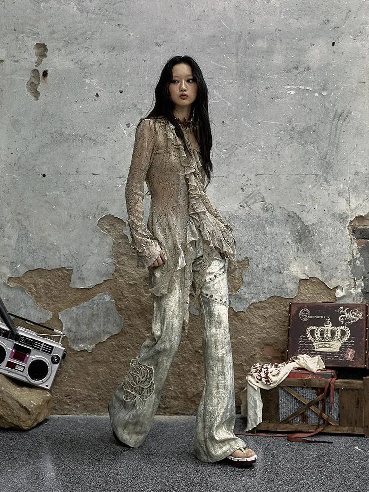 Vintage Punk Distressed Embroidered Rose Flared Pants Low-Rise Jeans