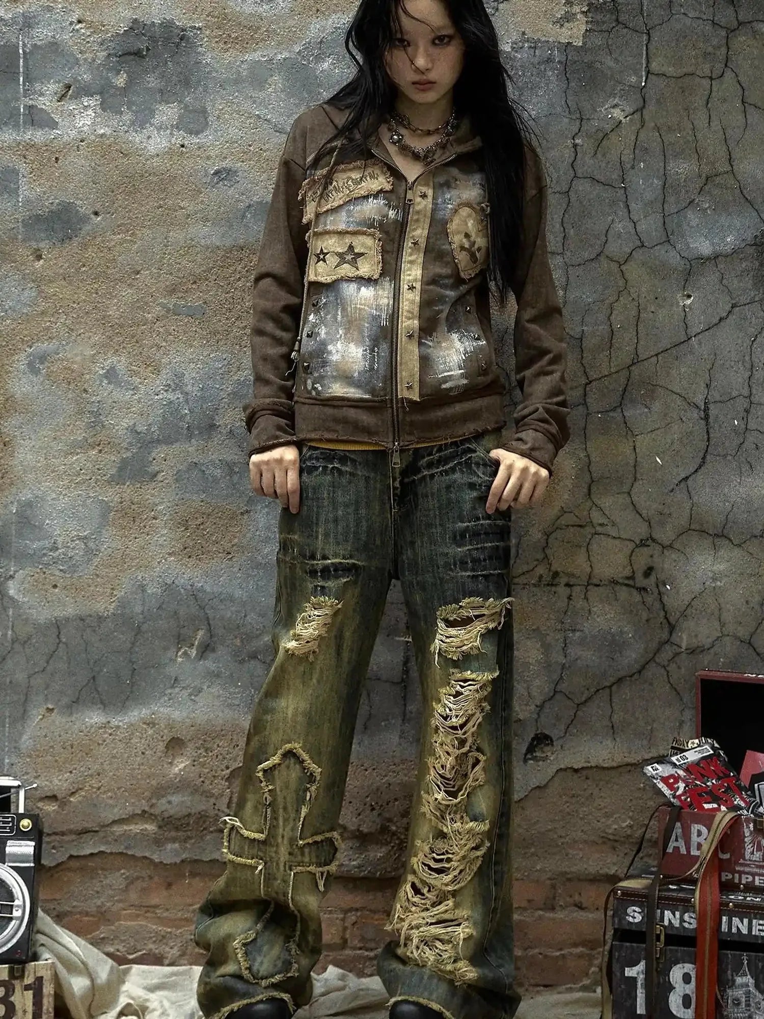 Vintage Punk Distressed Hooded Crop Top Streetwear Jacket
