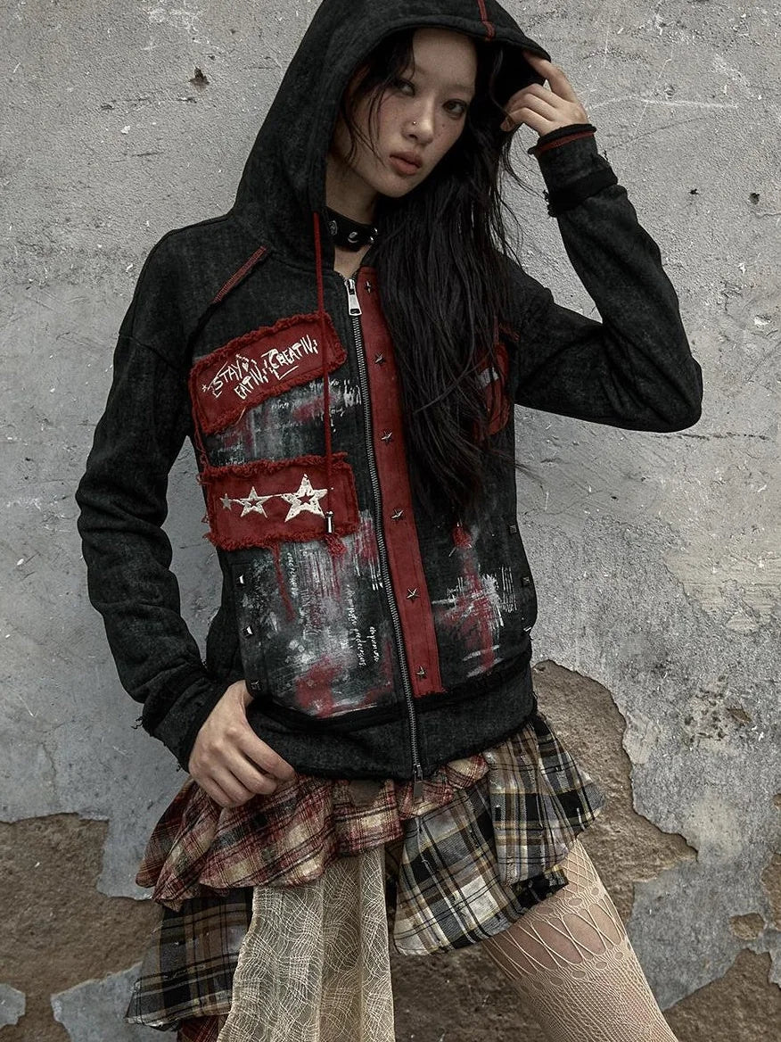 Vintage Punk Distressed Hooded Crop Top Streetwear Jacket