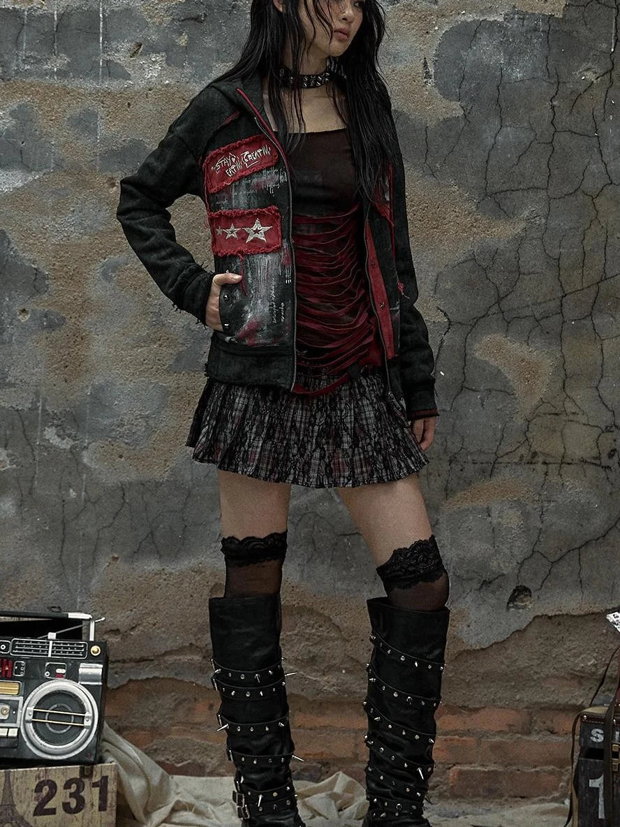 Vintage Punk Distressed Hooded Crop Top Streetwear Jacket