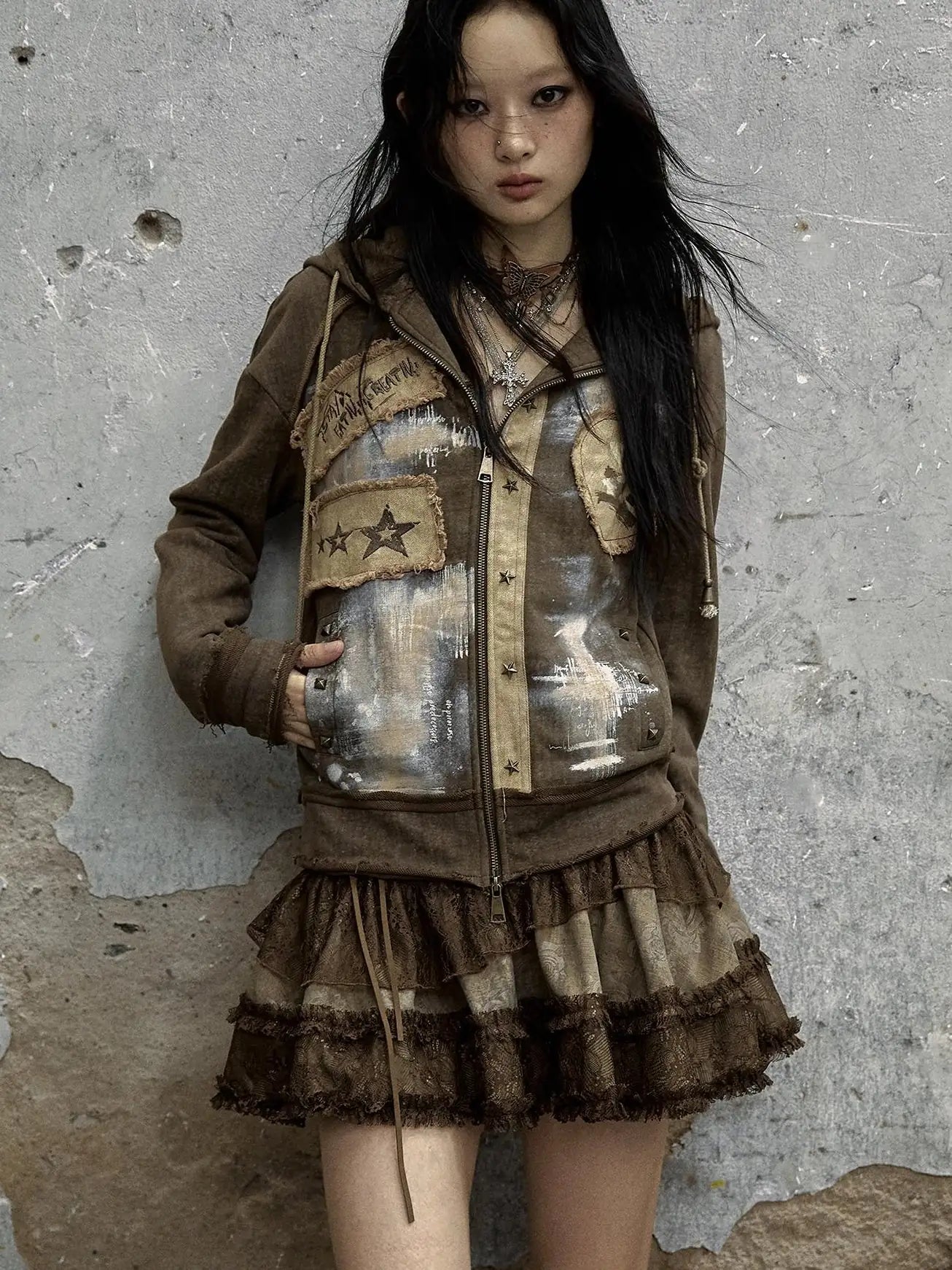 Vintage Punk Distressed Hooded Crop Top Streetwear Jacket