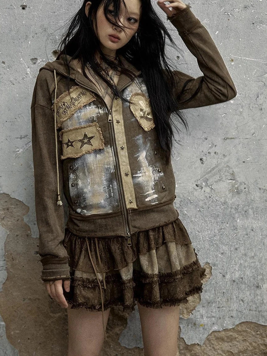 Vintage Punk Distressed Hooded Crop Top Streetwear Jacket