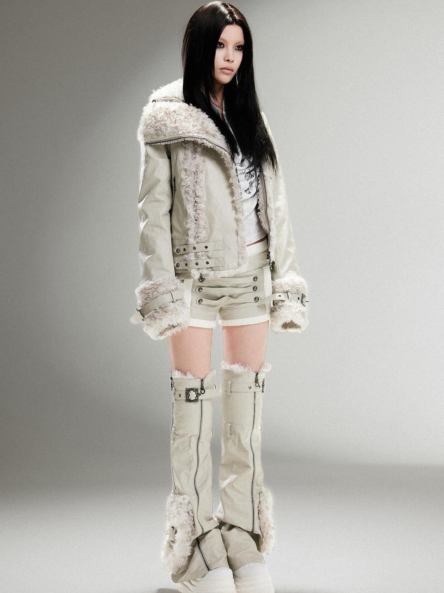 ARIADNAw Vintage Punk Double Zip Leather Jacket With Wool Lining For Women