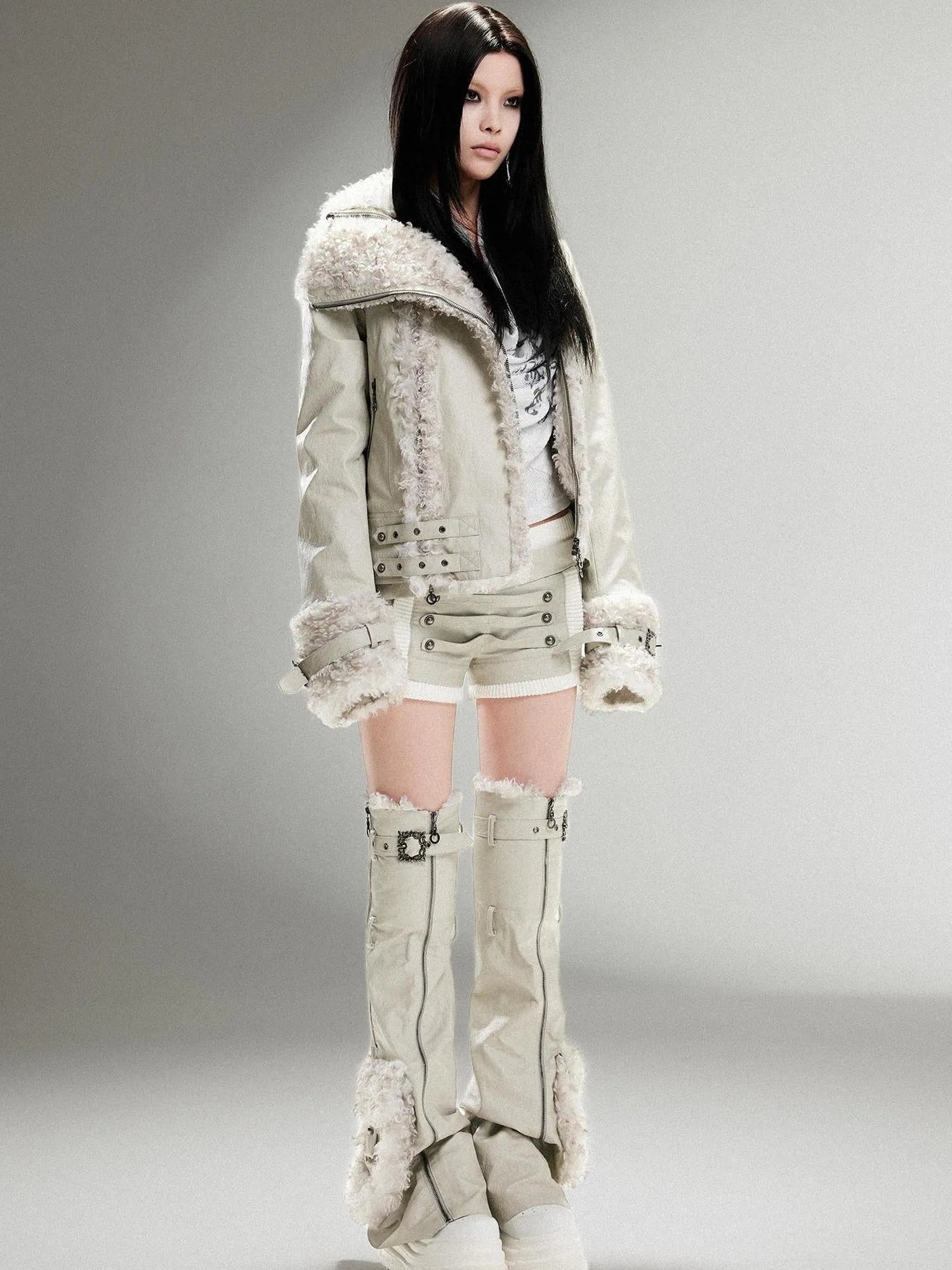 Vintage Punk Double Zip Leather Jacket With Wool Lining For Women