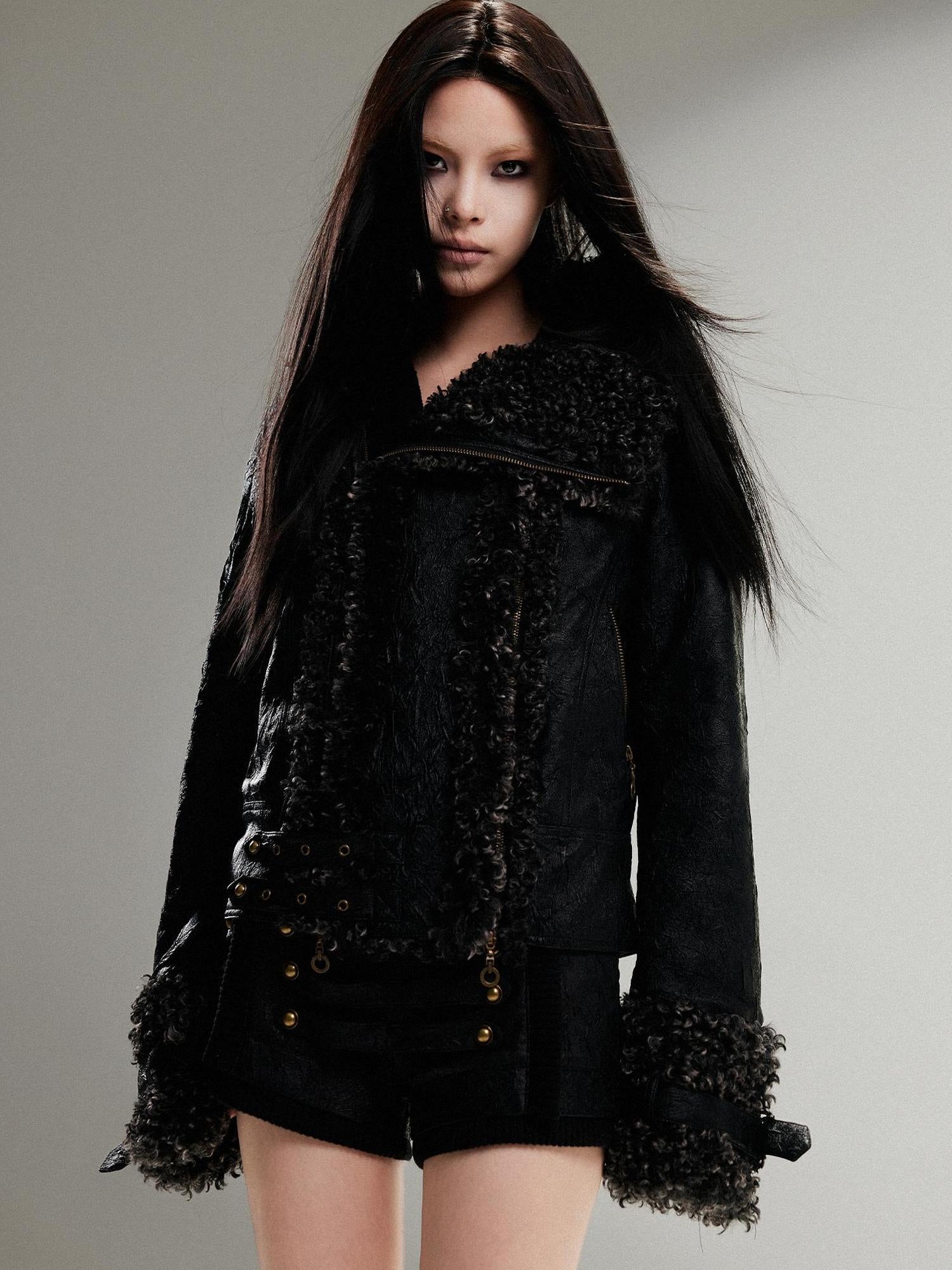 ARIADNAw Vintage Punk Double Zip Leather Jacket With Wool Lining For Women