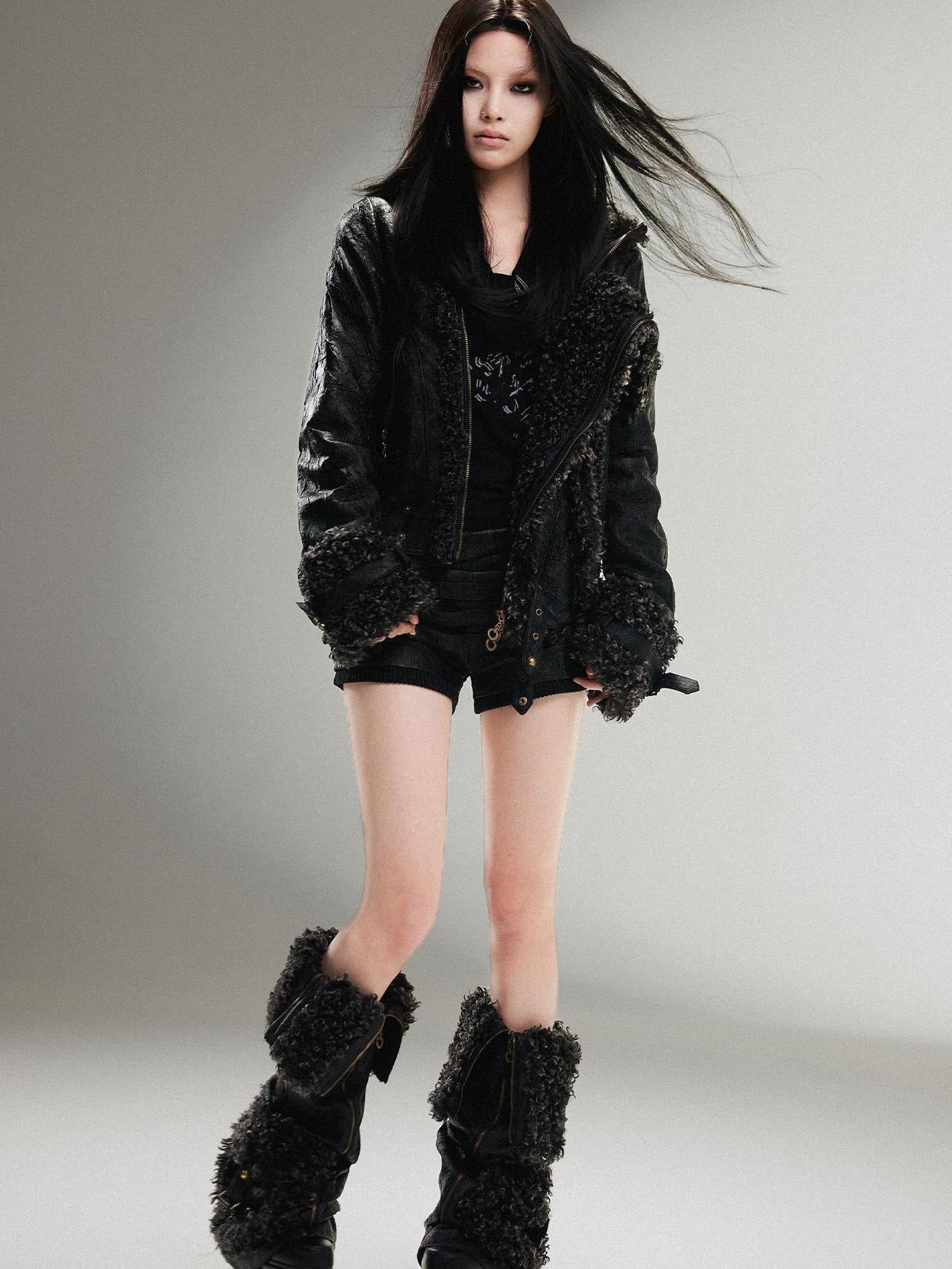 ARIADNAw Vintage Punk Double Zip Leather Jacket With Wool Lining For Women