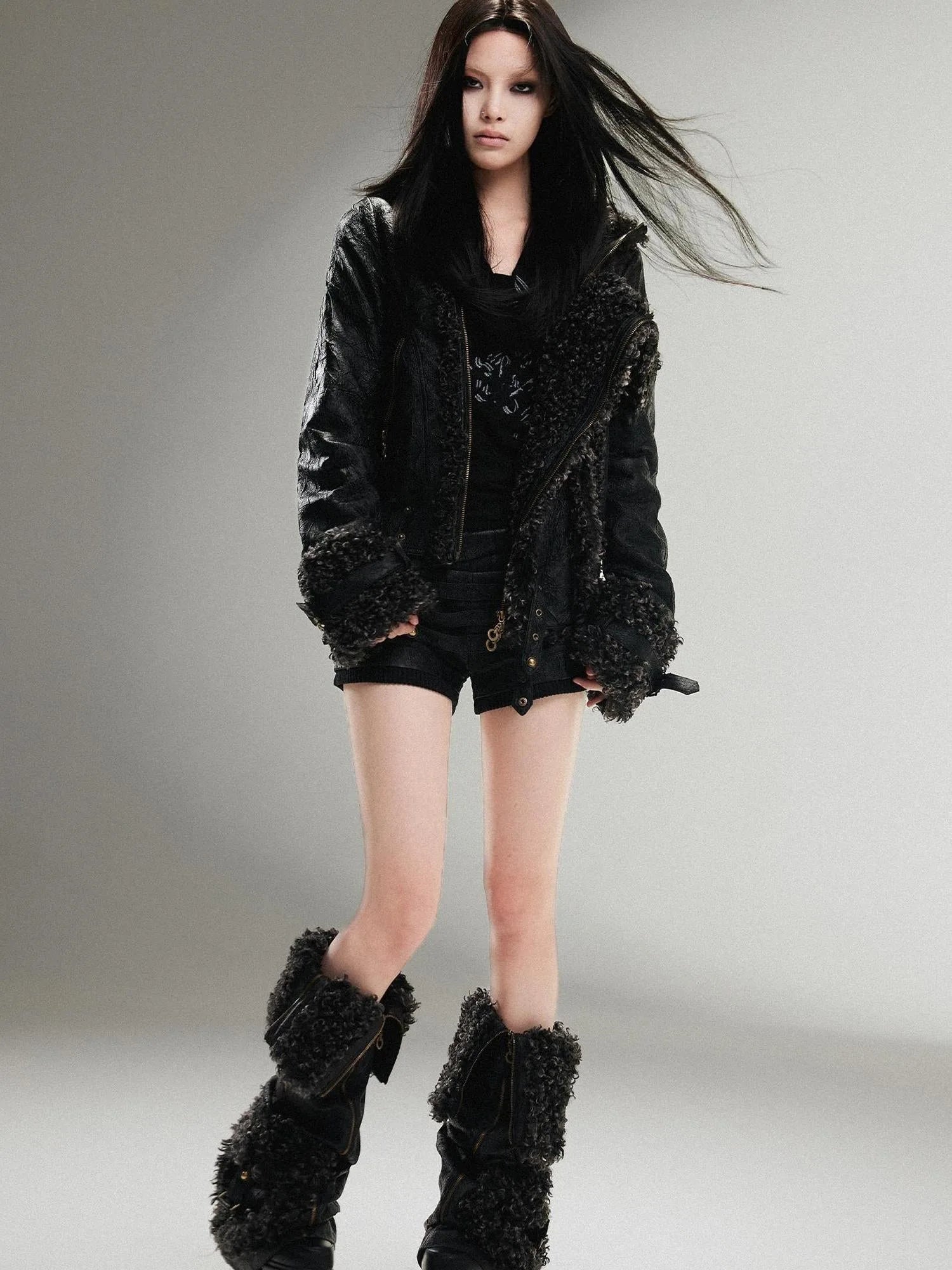 Vintage Punk Double Zip Leather Jacket With Wool Lining For Women