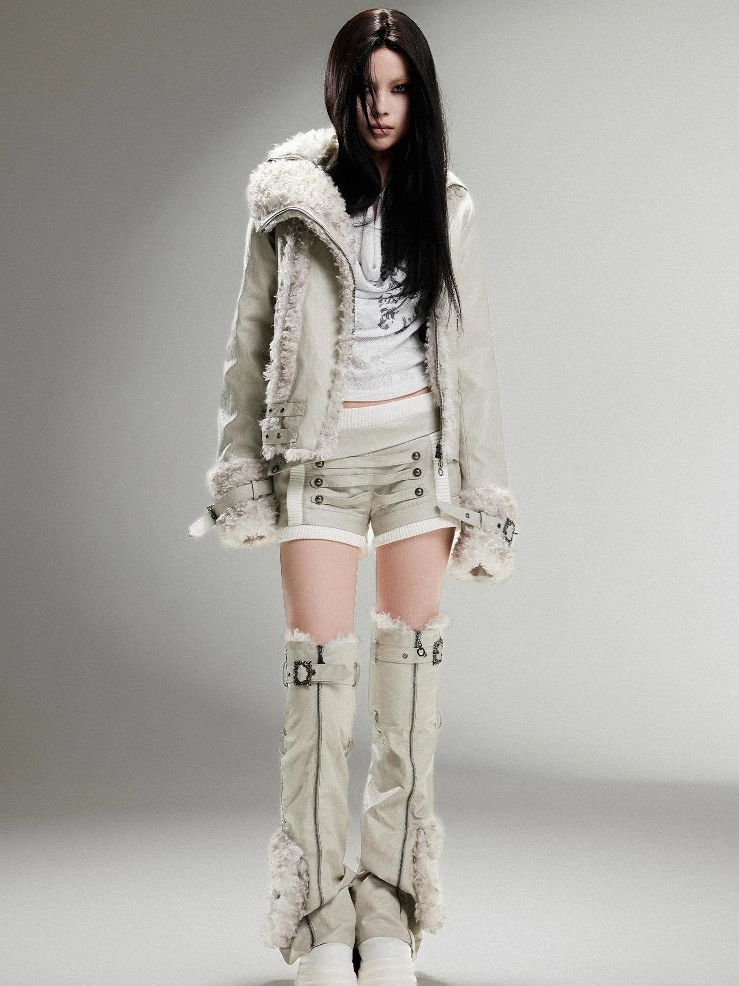 Vintage Punk Double Zip Leather Jacket With Wool Lining For Women