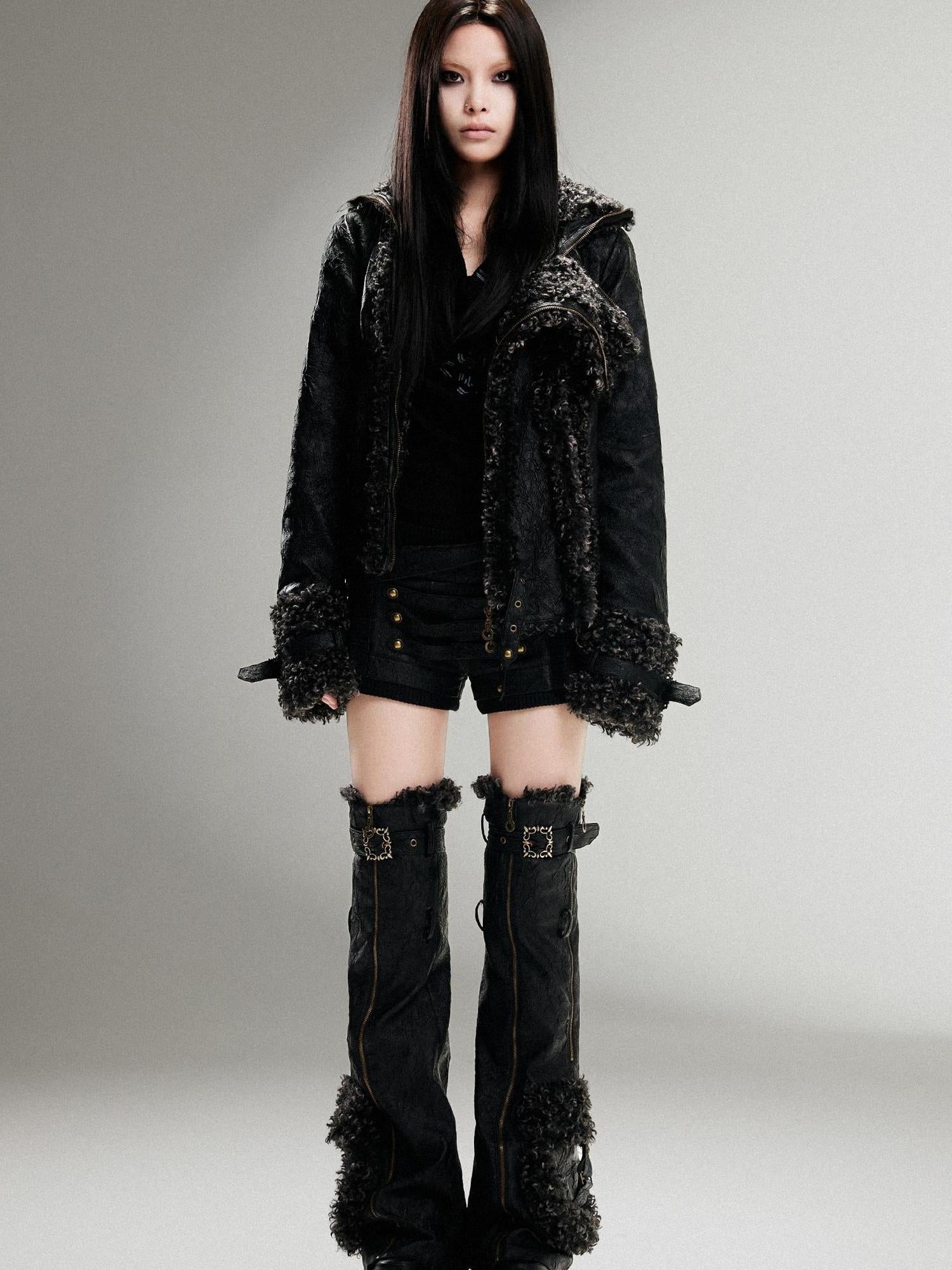 ARIADNAw Vintage Punk Double Zip Leather Jacket With Wool Lining For Women